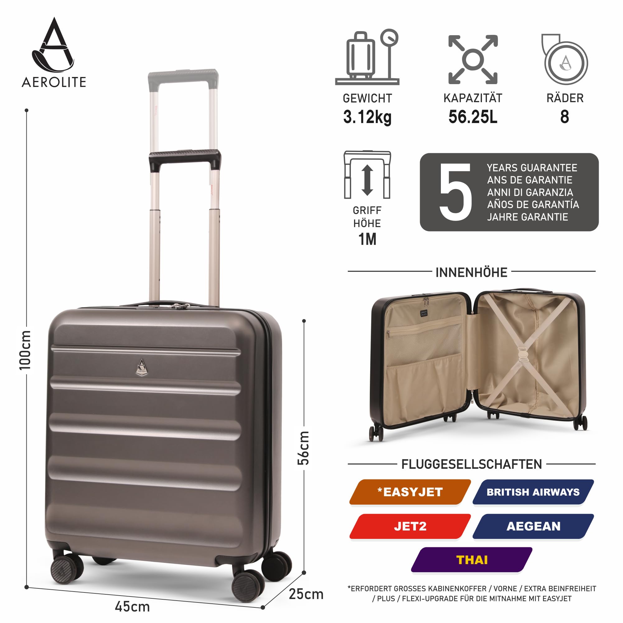 Aerolite 56x45x25cm Easyjet / British Airways / Jet2 Höchstbetrag 4 Rad Handgepäck Leichtgewicht Hartschale Bordgepäck Kabinentrolley Reisekoffer Trolley Koffer 56x45x25 (Kohlegrau)