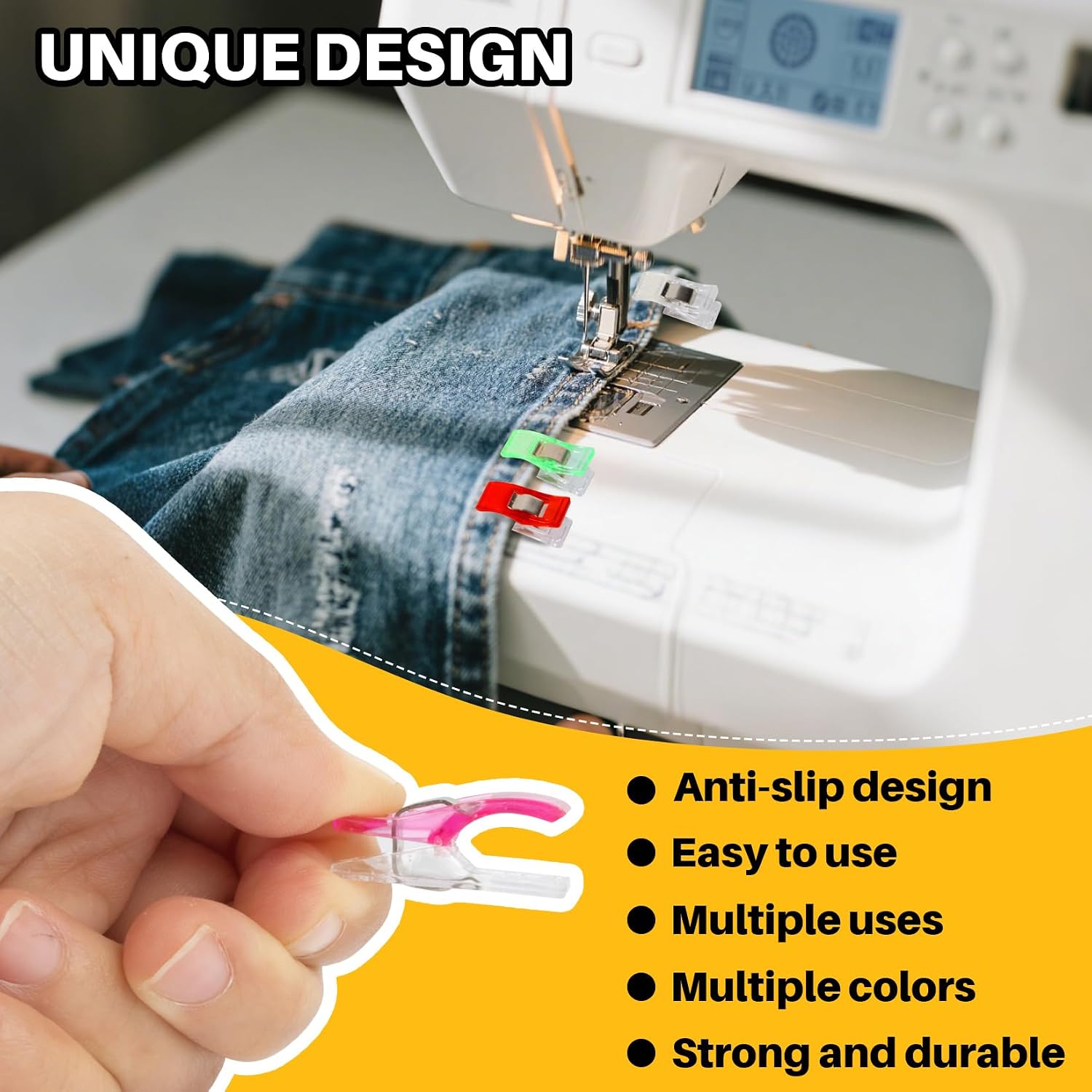 RAINFLOW Sewing Clips 100pcs – Fabric & Quilting Clips for Sewing Machine, Plastic Wonder Clip for Binding, Hemming & Crafts, Assorted Colors Sew Notions