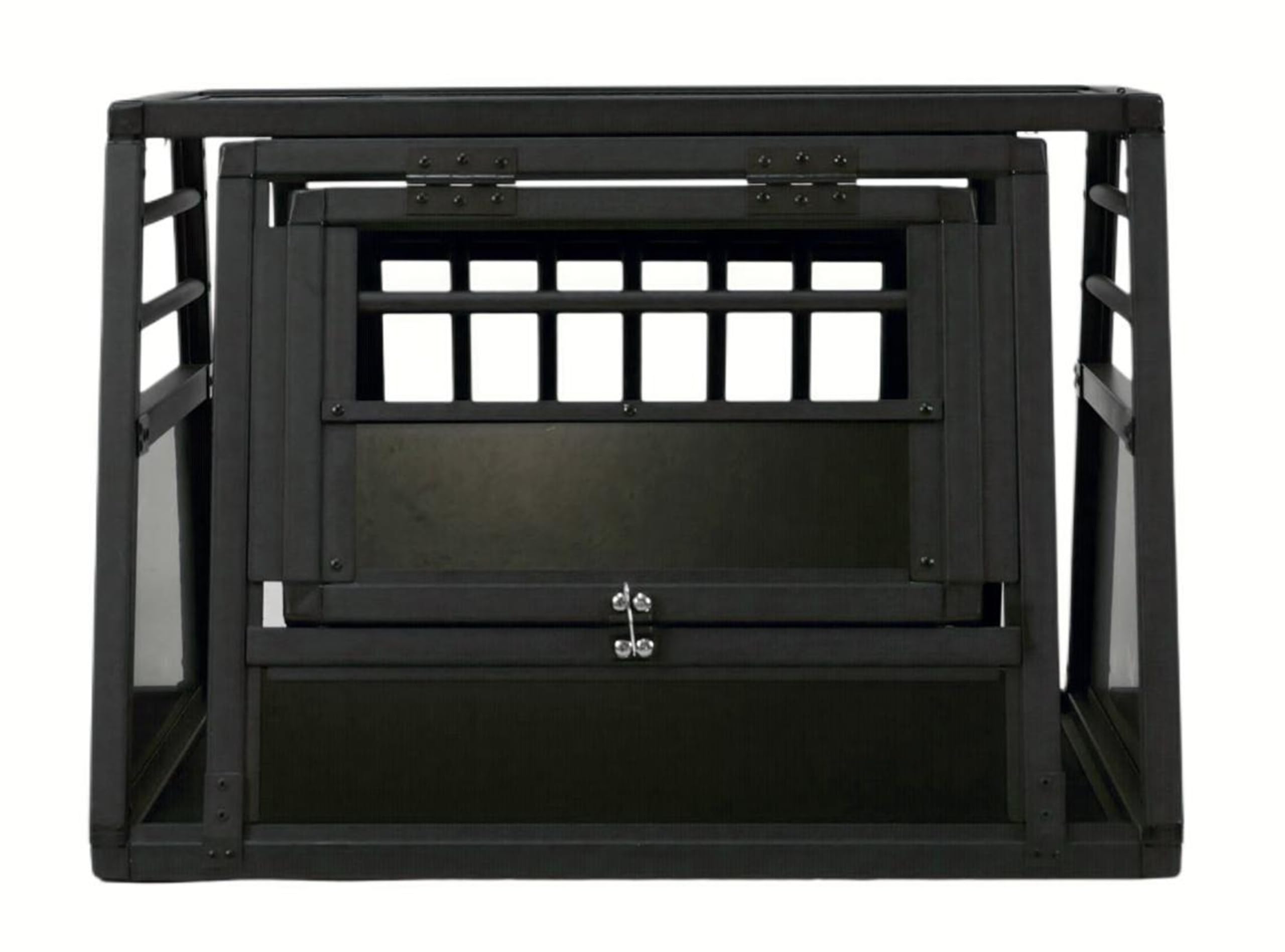 DOGHEAD Hundetransportbox Proline, Single 70x60x50 cm, Schwarz, Aluminium, Beidseitig Abgeschrägt 75°, mit Notausstieg