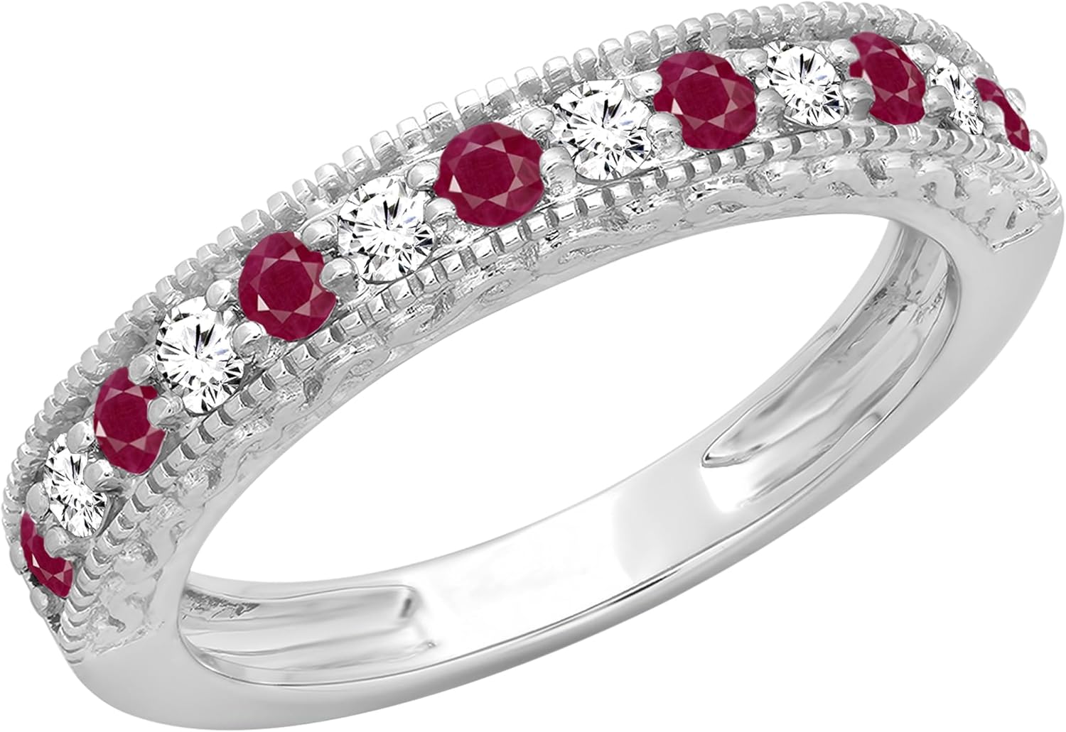 Dazzlingrock Collection 10K Solid Gold Round Cut Ruby & White Diamond Womens Millgrain Anniversary Wedding Stackable Band