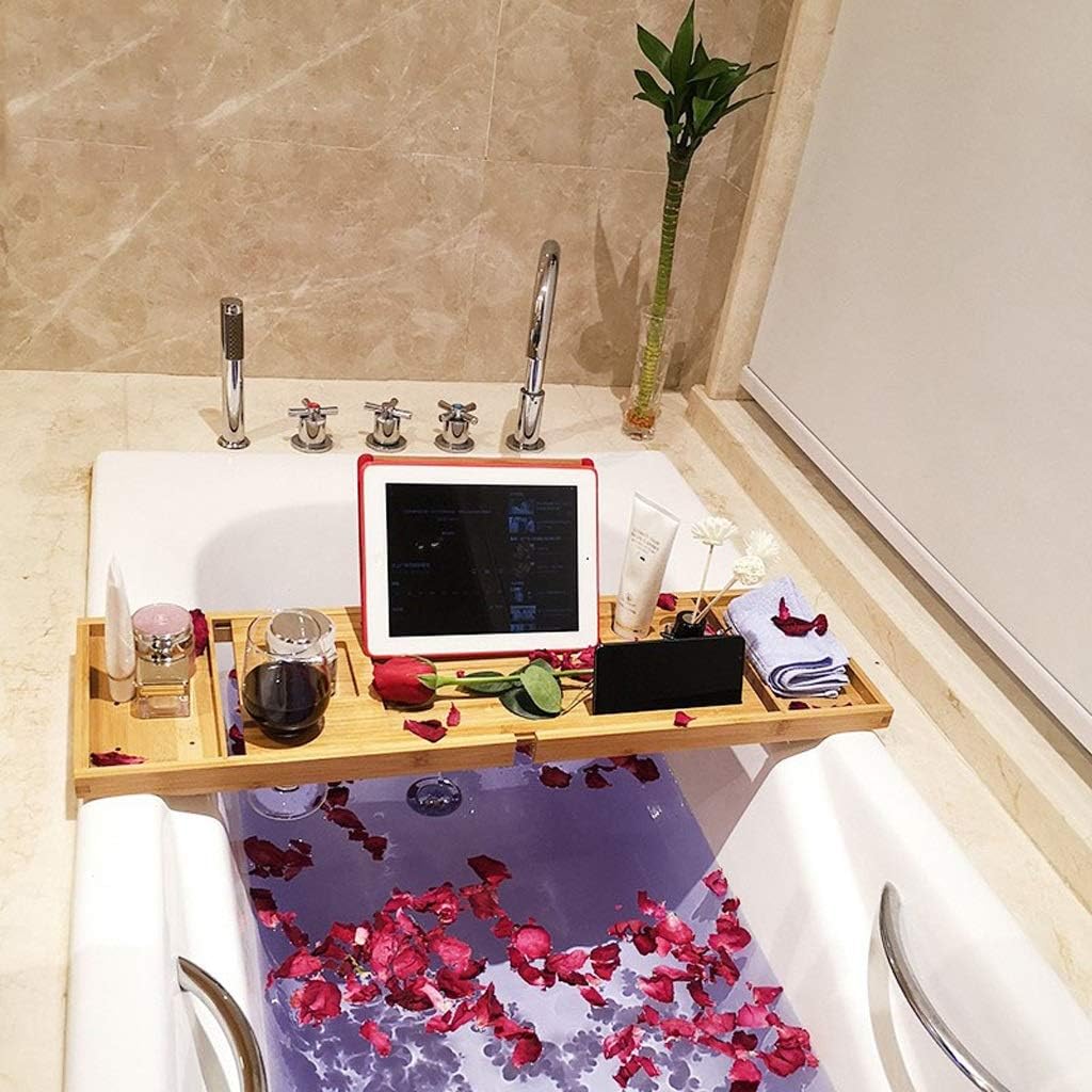 Tray Wood Bathtub Caddy Tray Foldable Bathtub Tray Rack with Tablet Holder Extending Sides Wine Glass Holder Rack Non-Slip Bathroom Rack Organizer (Color : A)