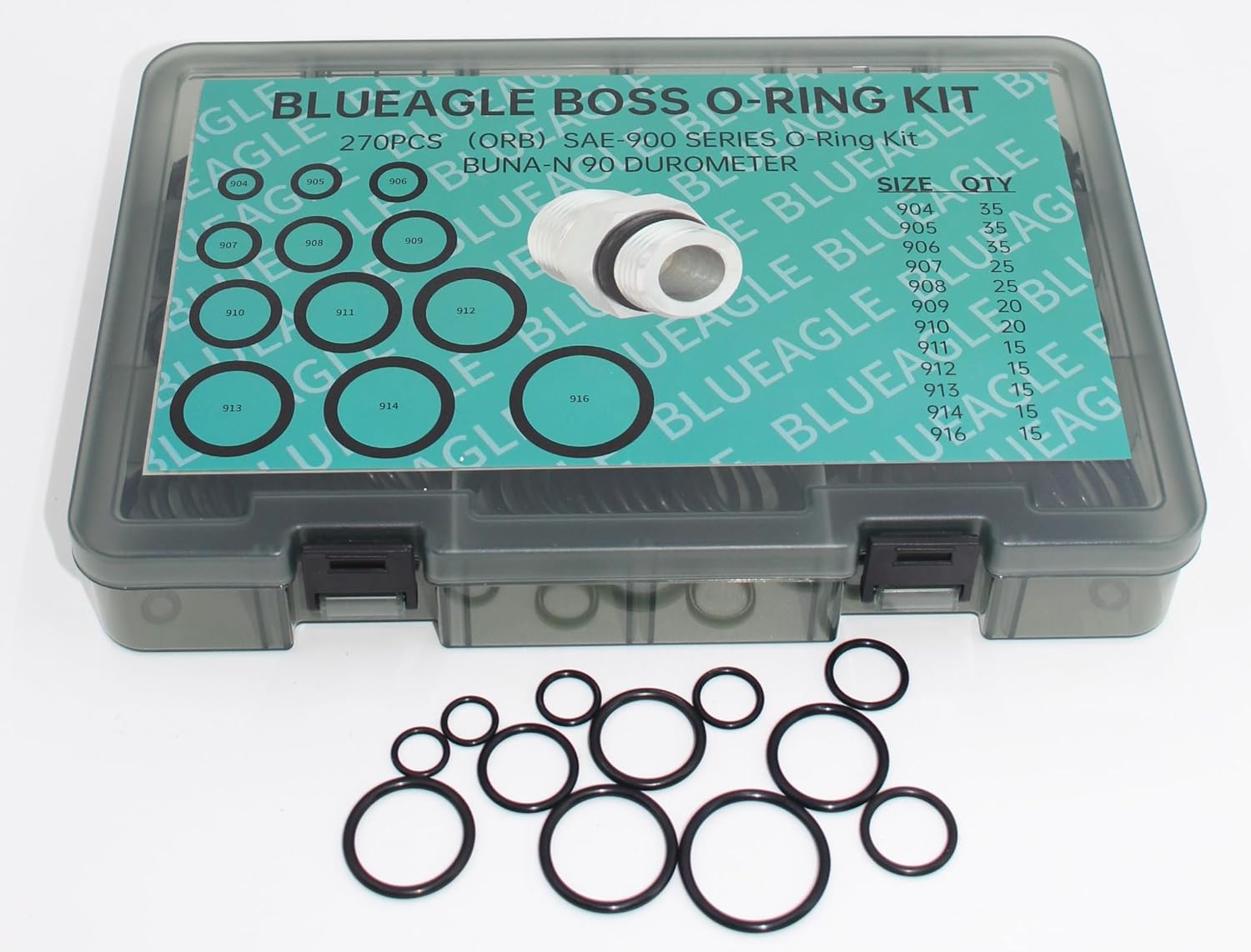 Hydraulic O-Ring Kit BOSS ORB (O-Ring Boss) Fittings 270 Pieces (12 Common Sizes) SAE 900 Series Buna-N 90 Durometer for Hydraulic Adapter SAE