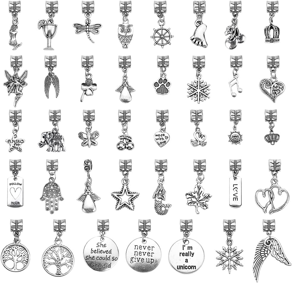 60 Pieces Assorted European Beads with Plating Silver Metal Alloy Rhinestone Large Hole Spacer Beads for DIY Charm Bracelet Jewelry Making (Alloy Pendant) - Image 2