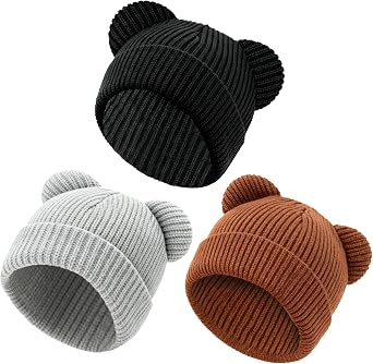 Baby Beanie Cute Toddler Winter Hat 3 Pack Soft Double Layers Knit Warm Cap for Infant Girls Boys Kids 0-8 Years