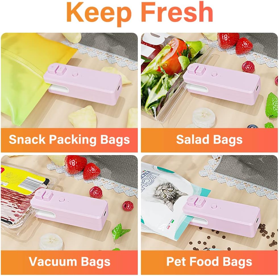 Uluck Mini Bag Sealer,Rechargeable Handheld Plastic Bag Resealer, 3 in 1 Heat Sealer and Cutter,Comes with USB C Cable Power Cable for Chip Bags, Plastic Bags, Snack Bags(No battery required) (Pink)