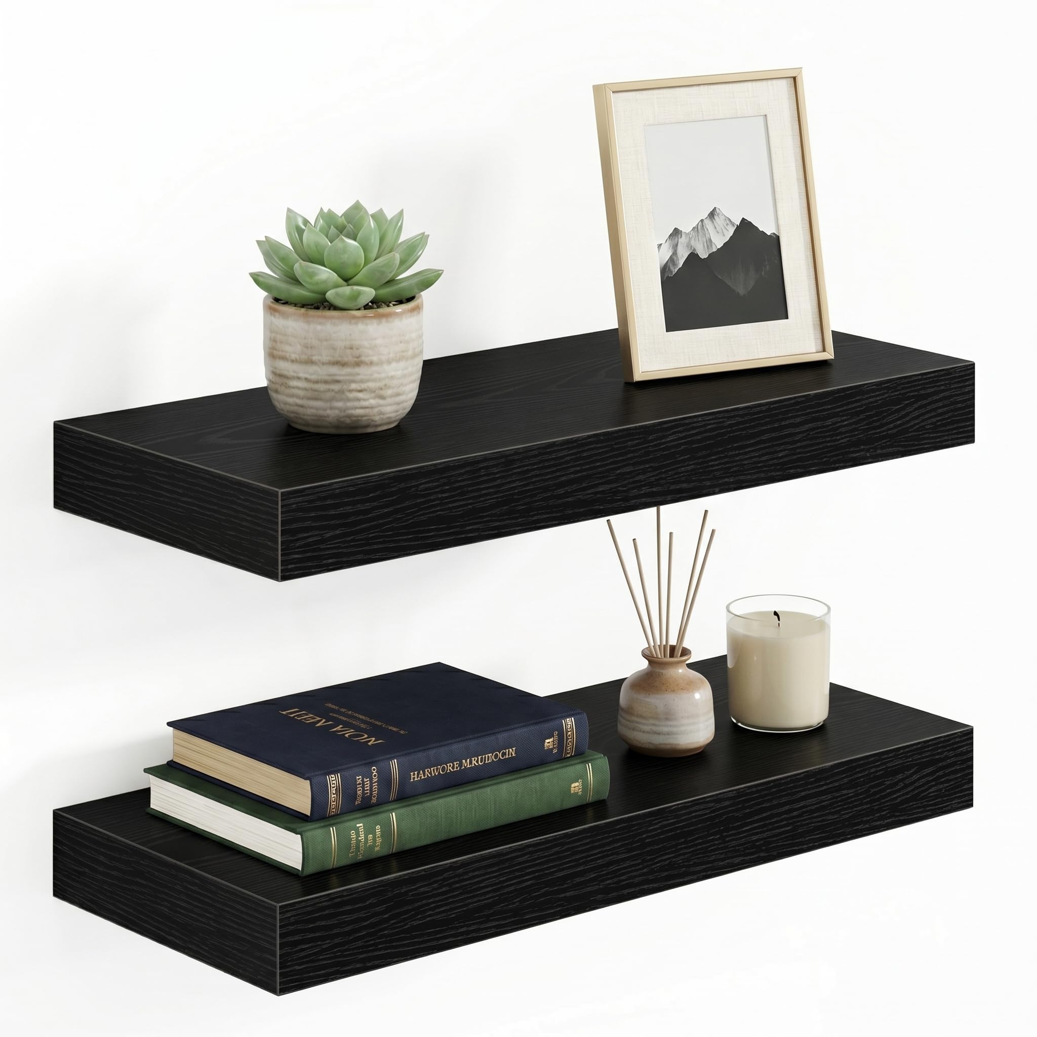 KovaScape 3.8cm Thick Floating Shelves for Wall, 40x16.5cm Wall Mounted Shelf, Wall Storage shelf,No Sag,Easy Install Wood Grain Shelf for Bedroom, Kitchen, Living Room & Hallway,Black,2 PCS