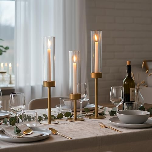 Miniatura 6 de Juego de 3 portavelas de huracán, de metal dorado mate, con tubos cilíndricos de chimenea de vidrio transparente, soportes altos para velas para