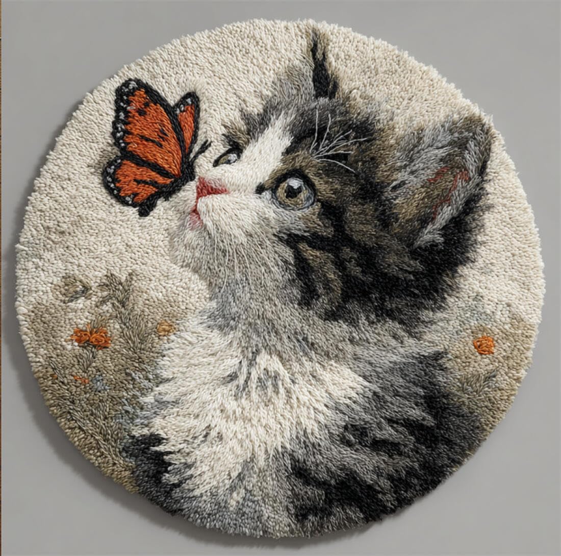 Rqwybcaxn DIY Latch Hook Rug Kit for Beginners Animal Crochet Starter Kit Cats and Butterflies 60x60cm Round Tapestry with Crochet Hook Bedroom Craft Gift