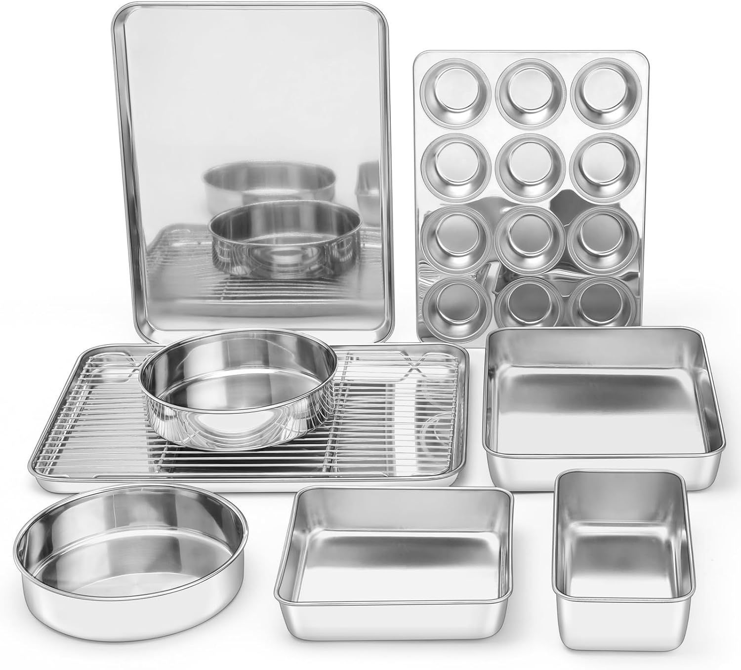 E-far 9-Piece Baking Pan Set, Stainless Steel Bakeware Sets for Sheet Cake Cookie Loaf Muffin, Include Baking Sheet, Round Square Rectangle Baking Pan & Cooling Rack, Dishwasher Safe E-far 9-Piece Baking Pan Set, Stainless Steel Bakeware Sets for Sheet Cake Cookie Loaf Muffin, Include Baking Sheet, Round Square Rectangle Baking Pan & Cooling Rack, Dishwasher Safe