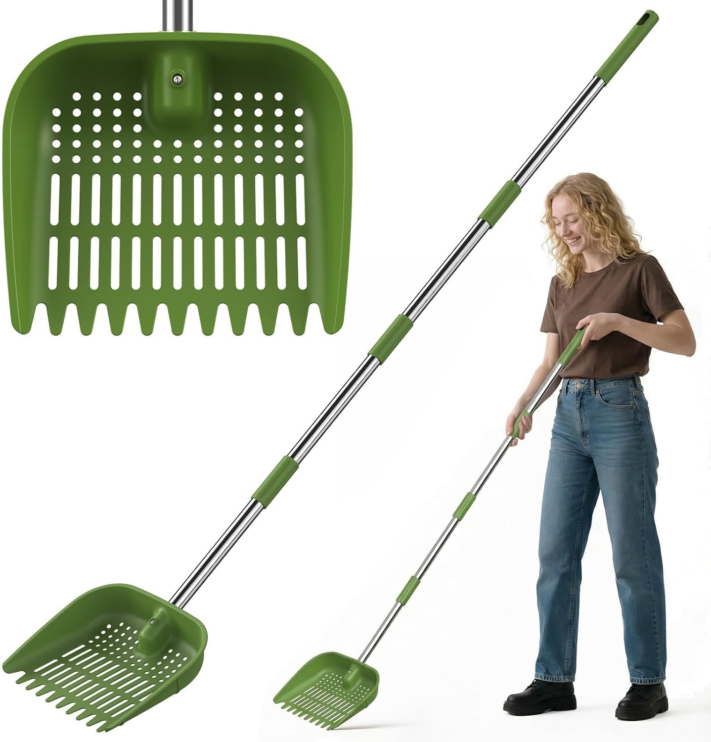 Chicken Poop Scooper, 2-in-1 Coop Scoop & Chicken Coop Rake, Sand Sifting Shovel with Adjustable Stainless Steel Handle, Up to 68 in, No-Bend Cleaning Tool - Patent-Pending