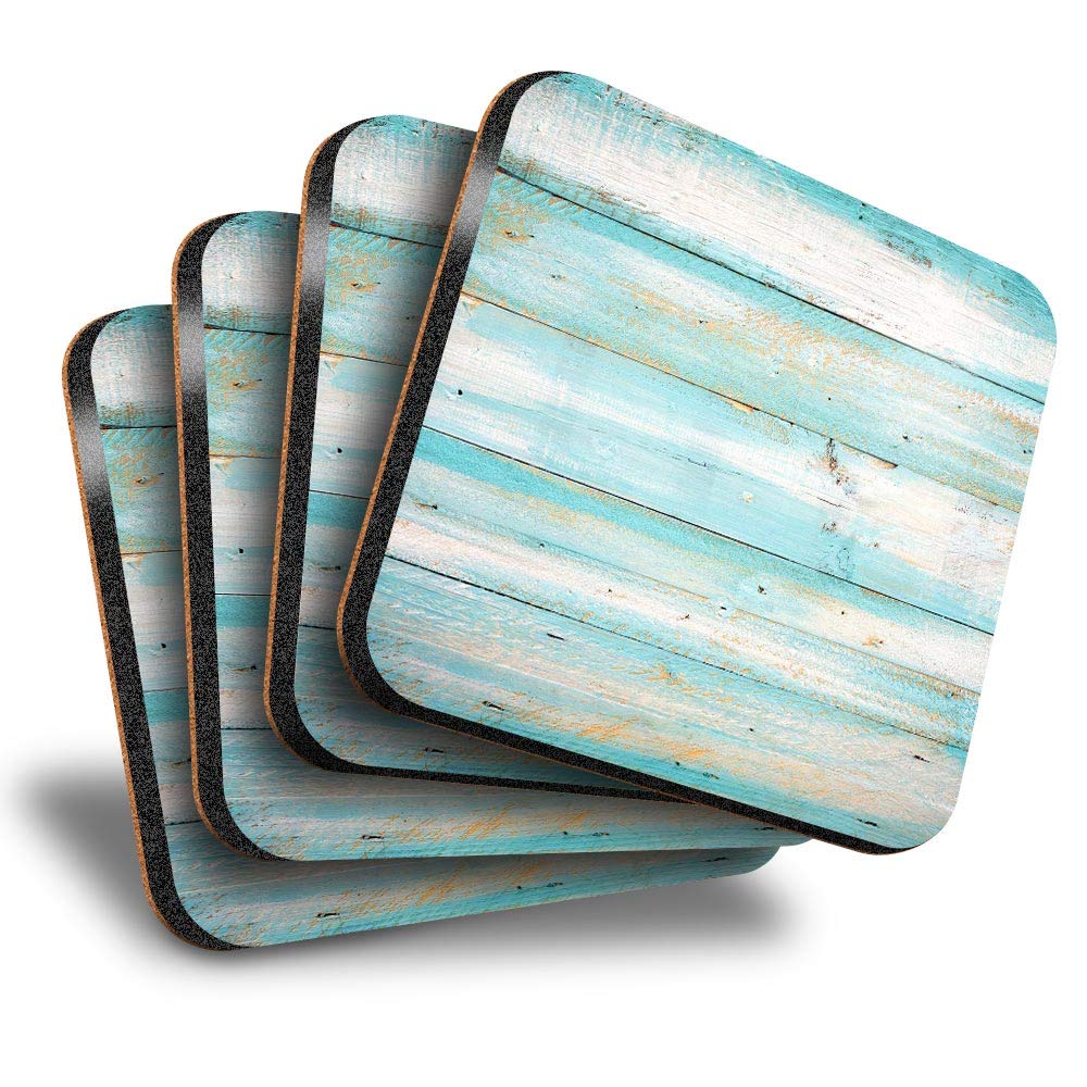 Destination Vinyl Ltd Great Coasters (Set of 4) Square - Blue Distressed Wood Seaside Surf Drink Glossy Coasters/Tabletop Protection for Any Table Type #15868