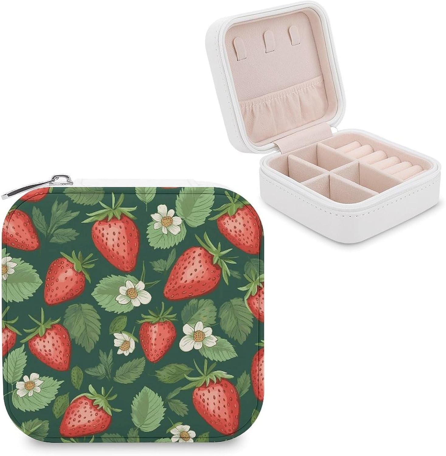 PU Leather Storage Box,Fresh Strawberries And Leaves Printed Portable Jewelry Box Mini Travel Storage Box Women's Jewelry Storage Rack for Necklace Earrings Bracelets Rings