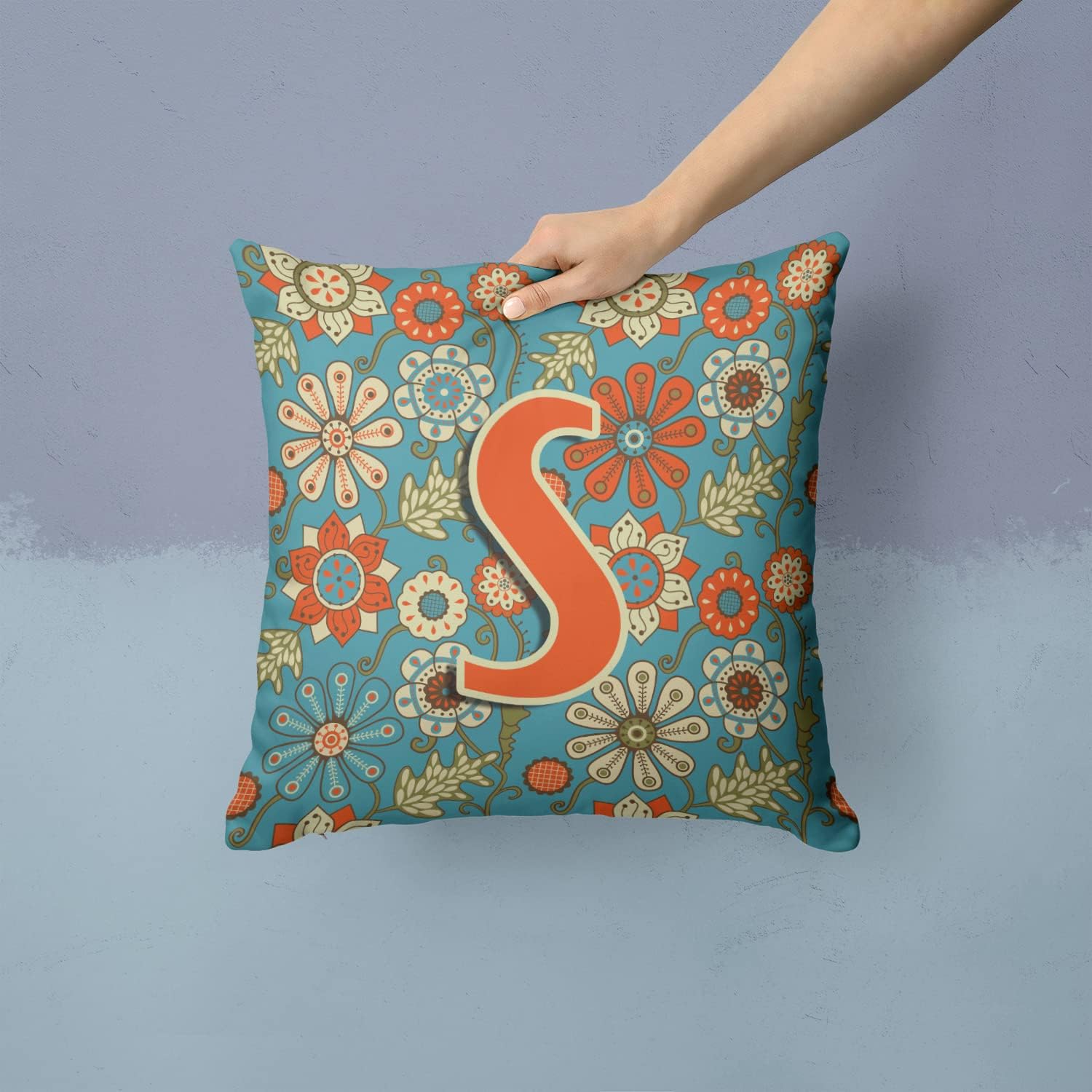 Caroline's Treasures CJ2012-SPW1414 Letter S Flowers Retro Blue Fabric Decorative Pillow 100% Machine Washable Pillow, Indoor or Outdoor Decorative Throw Pillow for Couch, Bed or Patio
