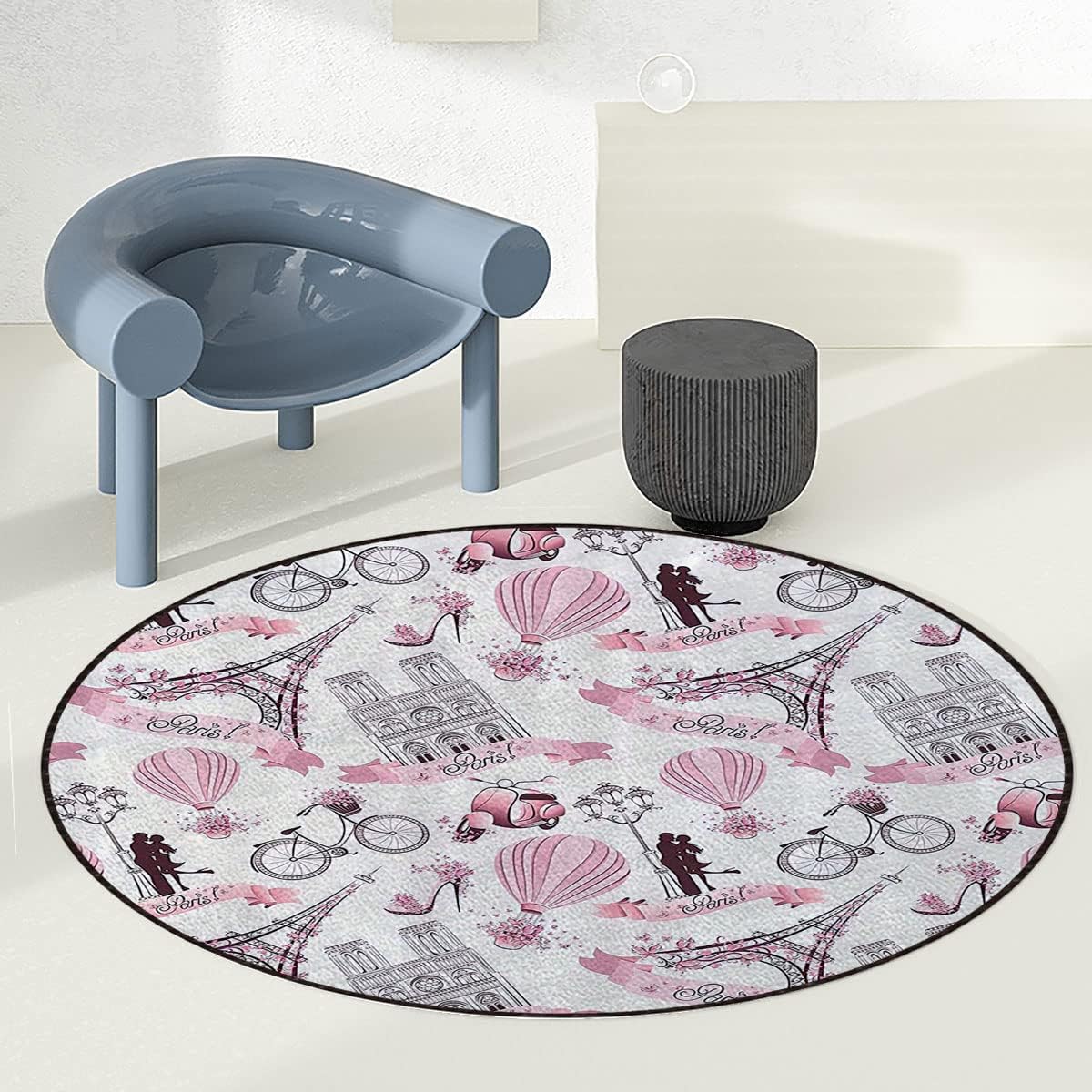 Pink Black Office Chair Mat Hardwood Floor Computer Desk Mat Paris Travel Honeymoon Flowers and Bike Anti-Slip Gaming Chair Mat Round Floor Mat Durable Floor Protector Paris Decor Diameter 36 in
