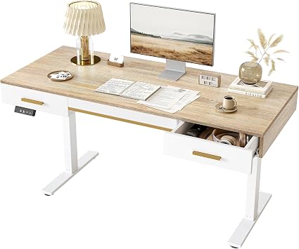 TIQLAB One-Piece Top Electric Standing Desk, 55 x 24 Inch Height Adjustable Sit Stand Desk with Three Drawers for Home Office, Maple