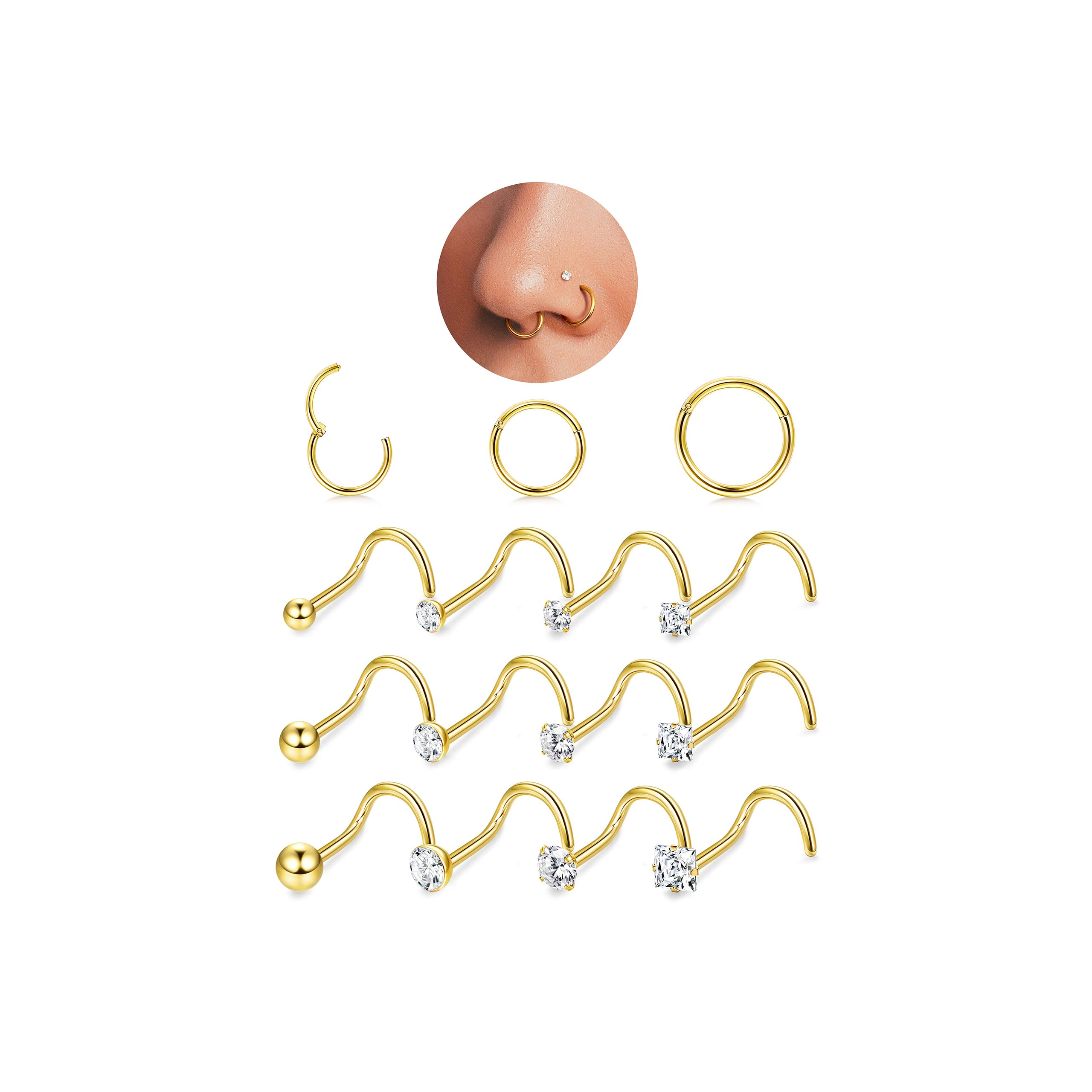 FIOROYAL 20G Piercing Nariz Oro Plata L Forma Espiral Acero Quirurgico 18G Clicker Aro 6/8/10mm Helix Nostril Pendientes