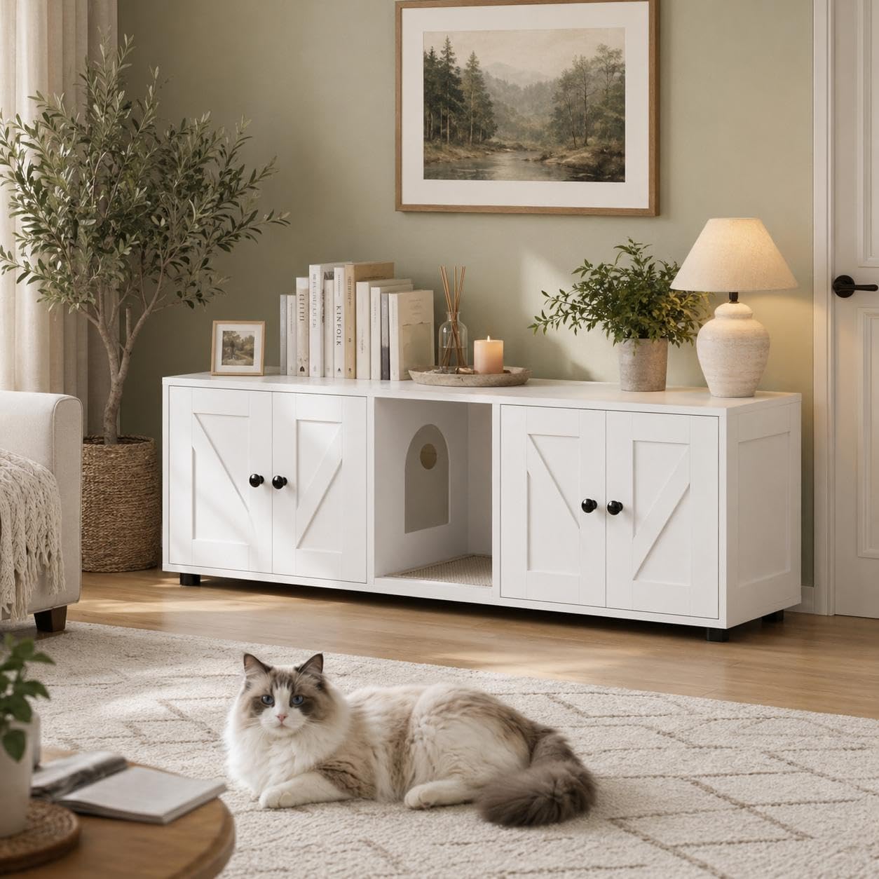 White Double Compartment Cat Litter Box Enclosure, Hidden Litter Box Furniture Cabinet for 2 Cats, Indoor Privacy Cat House, Stylish Pet Storage Cabinet