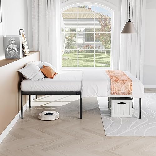 Miniatura 7 de Sweetcrispy Marco de cama matrimonial de 14 pulgadas, marcos de cama de plataforma de metal resistente para tamaño matrimonial con espacio de