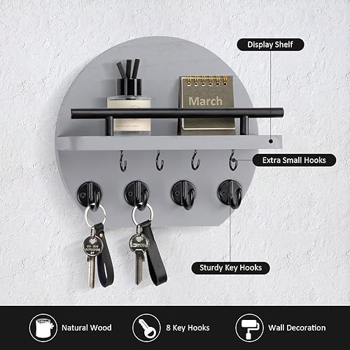 Miniatura 9 de Nekon Llavero para pared, decoración de pared de apartamento de 9.8 pulgadas con estante y 8 ganchos para llaves, colgante circular de madera para