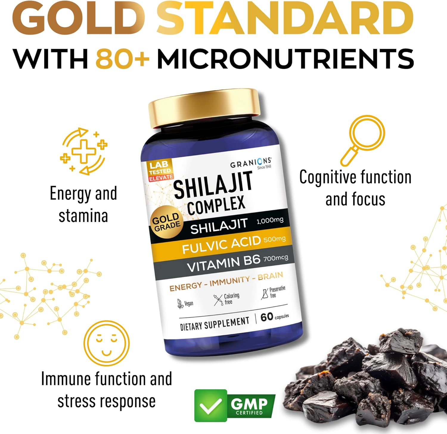 Granions Pure Shilajit for Men Capsules - Fulvic Acid Supplement, 1,000mg Himalayan Shilajit with Vitamin B6 - Ultra Energy, Vitality & Brain Support for Men and Women Supplements - 60 Capsules