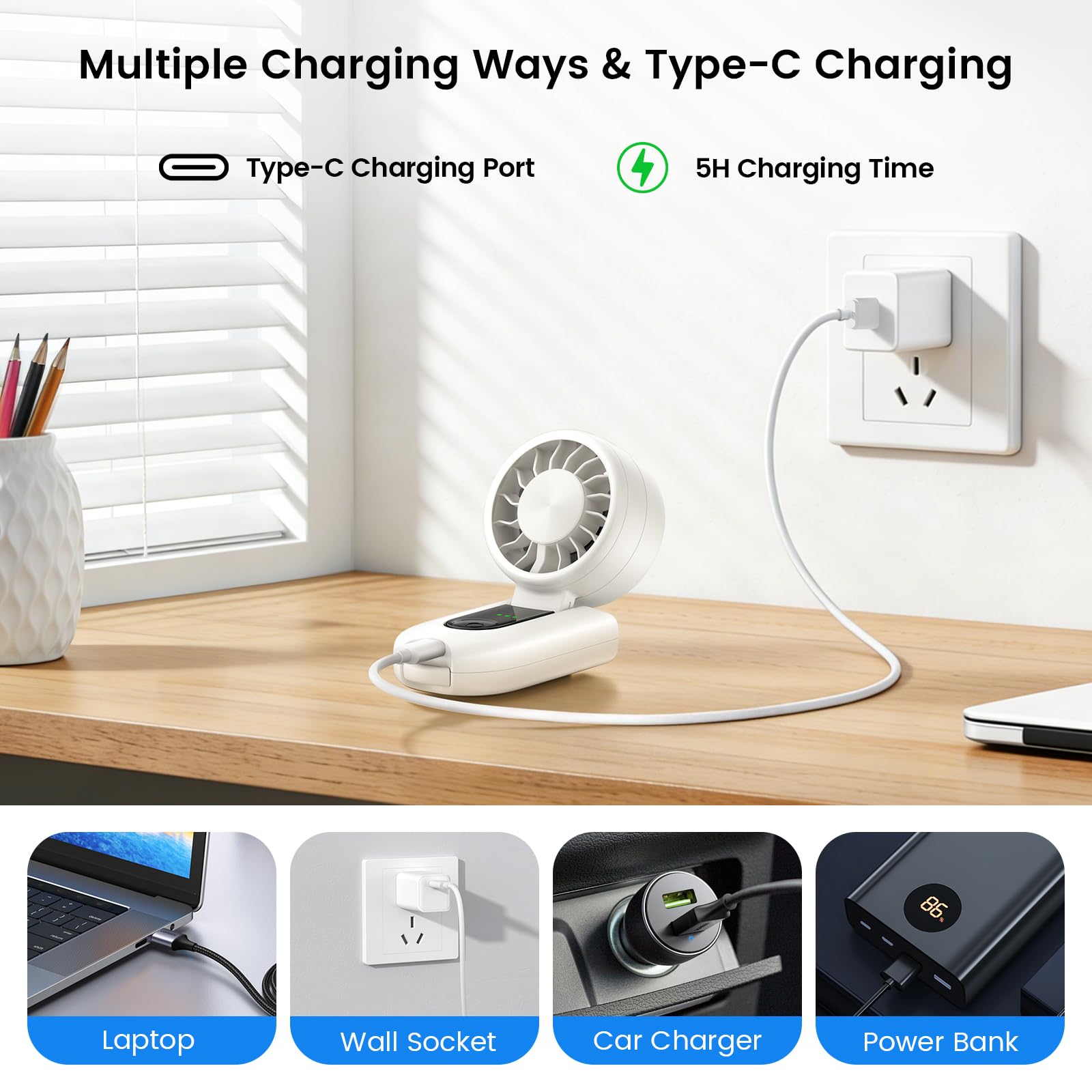 gabless Ventilador Portátil, Ventilador de Mano Recargable, Mini Ventilador USB Eléctrico Plegable con 5 Velocidades, Ventiladors de Sobremesa para Hogar Oficina Viajes (Blanco)