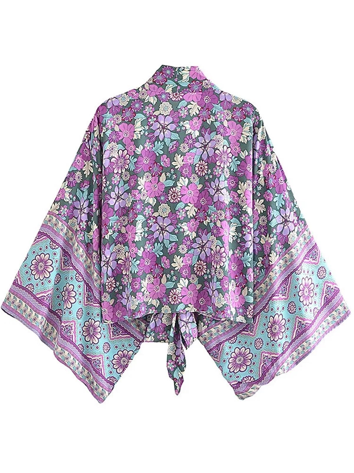 Vintage fioletowy kwiatowy damski strój kąpielowy okrycie krótkie rękawy szlafrok stroje plażowe S/M/L/XL