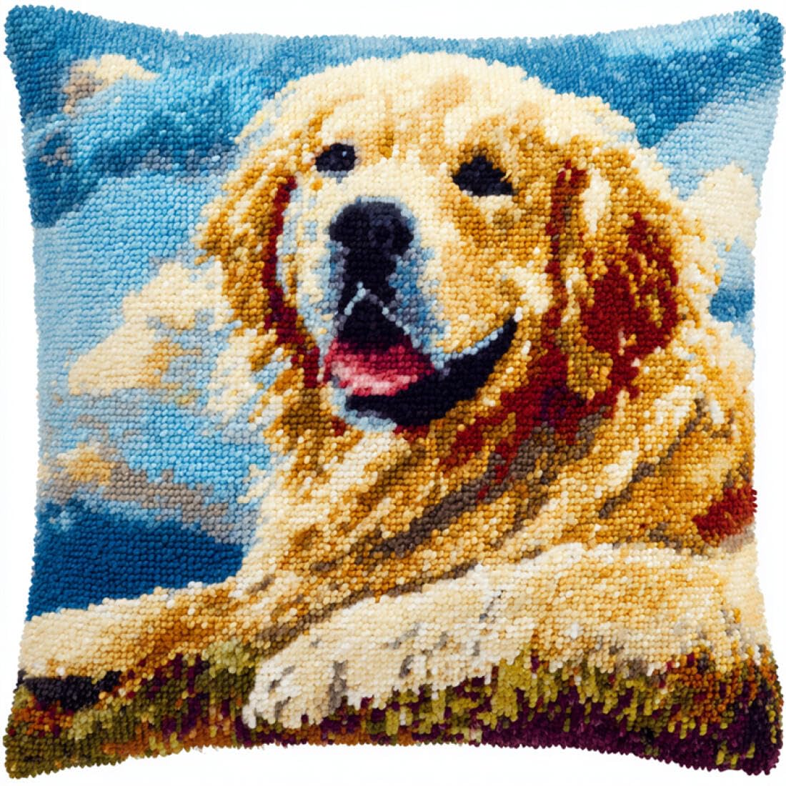 Kitquiver Animal Latch Hook Cushion Set Cartoon Dog Latch Hook Kit Pillow DIY Rug Crochet Hook Cushion Making Kits with Preprinted Pattern Canvas 17x17In