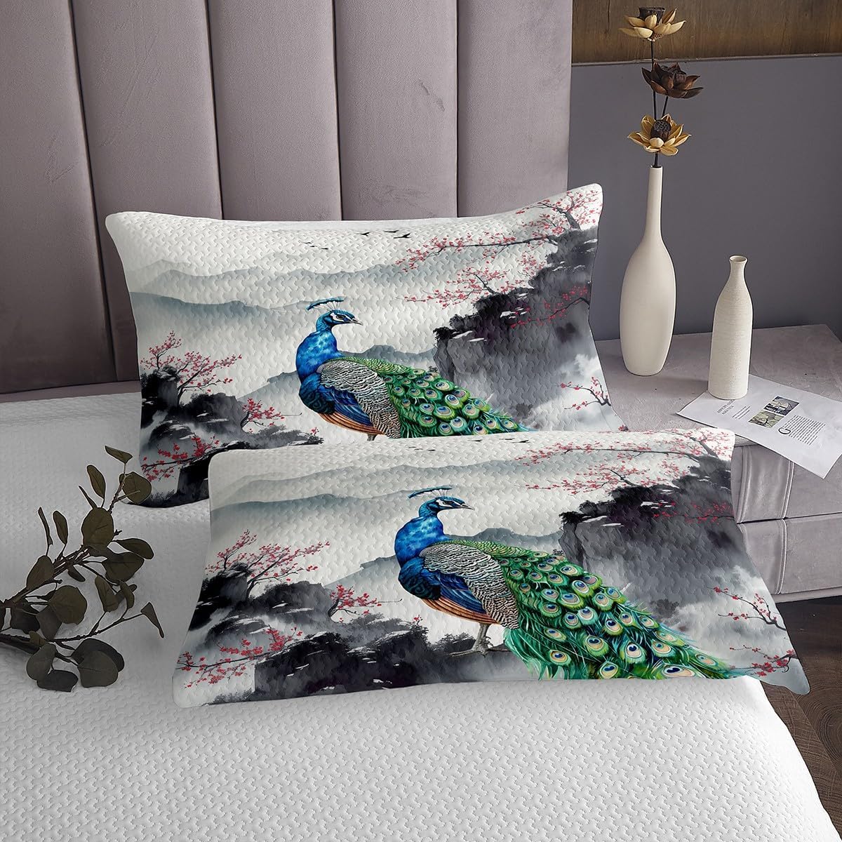 Japanese Peacock Bedspread Twin Size,Black White Ink Painting Bedding Set for Kids Girls Boys Teens Room Decor,Wild Animals Plants Comforter Set Red Cherry Blossom Quilt Coverlet,1 Pillowcase