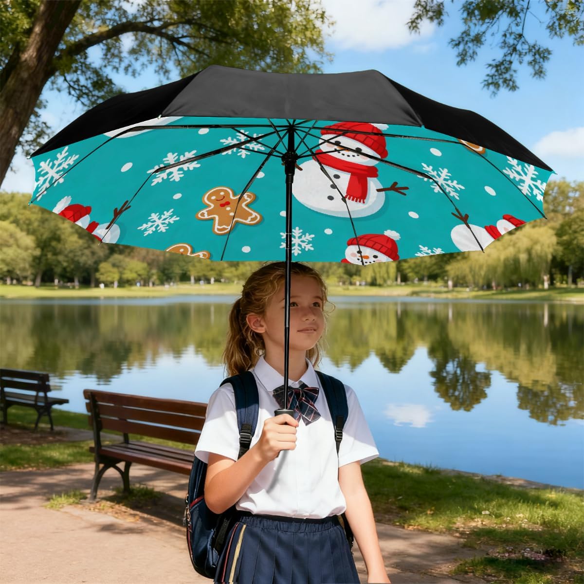 Snowman Gingerbread Man Snowflake Folding Umbrella Windproof Compact Lightweight Travel Umbrella with 8 Reinforced Ribs, Portable UV Sun & Rain Protection for Men & Women