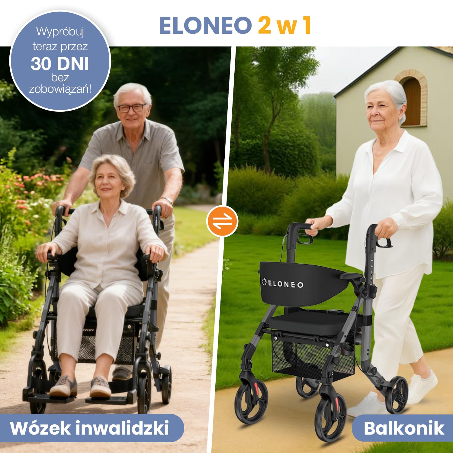 ELONEO 2 w 1 Wózek inwalidzki i balkonik rehabilitacyjny składany i lekki z siedziskiem, terenowy rollator wózek inwalidzki składany lekki na każdy teren, wózek transportowy, szary