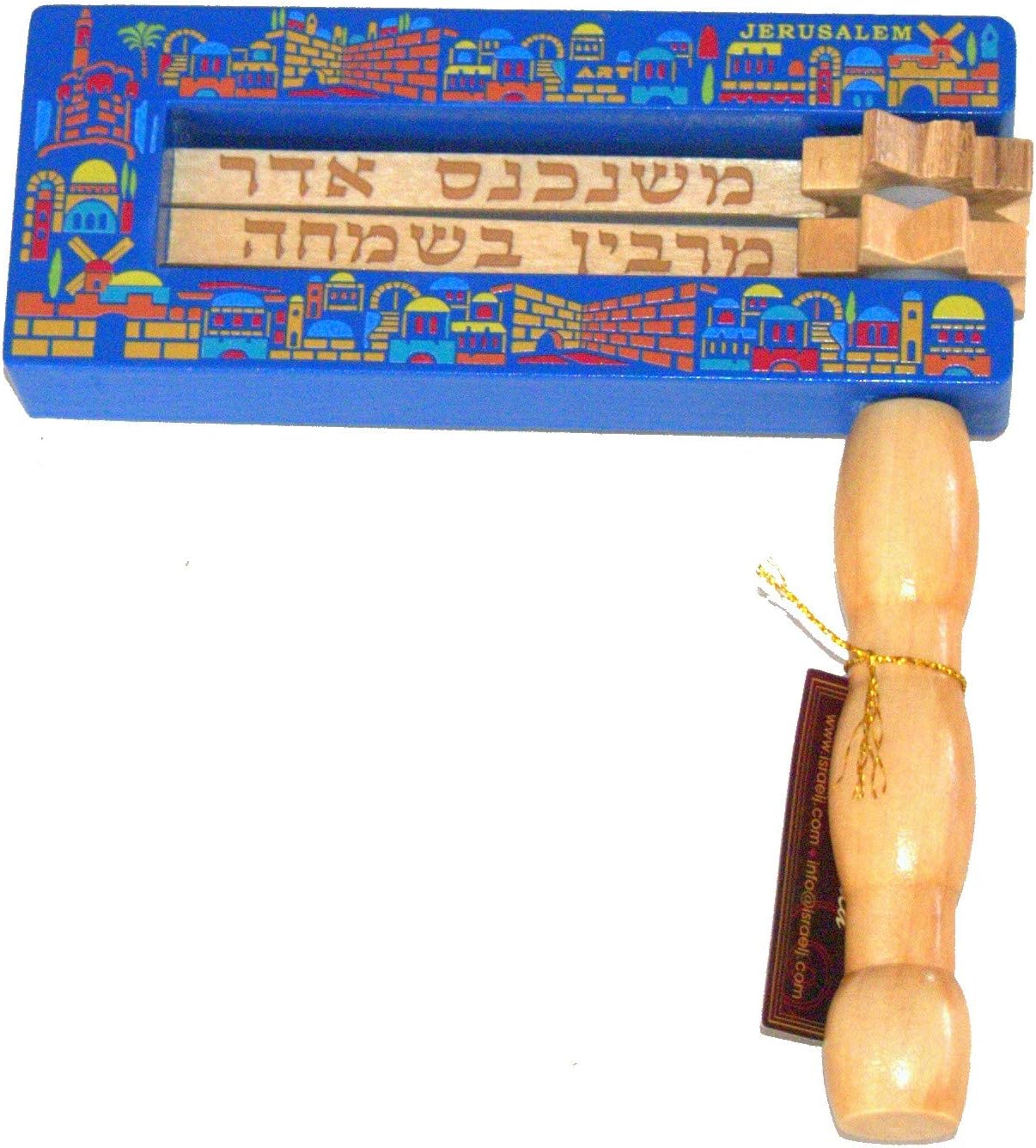 Large Wooden Purim Judaica Grogger Noise Maker Ra'ashan Jerusalem View (X-Large)