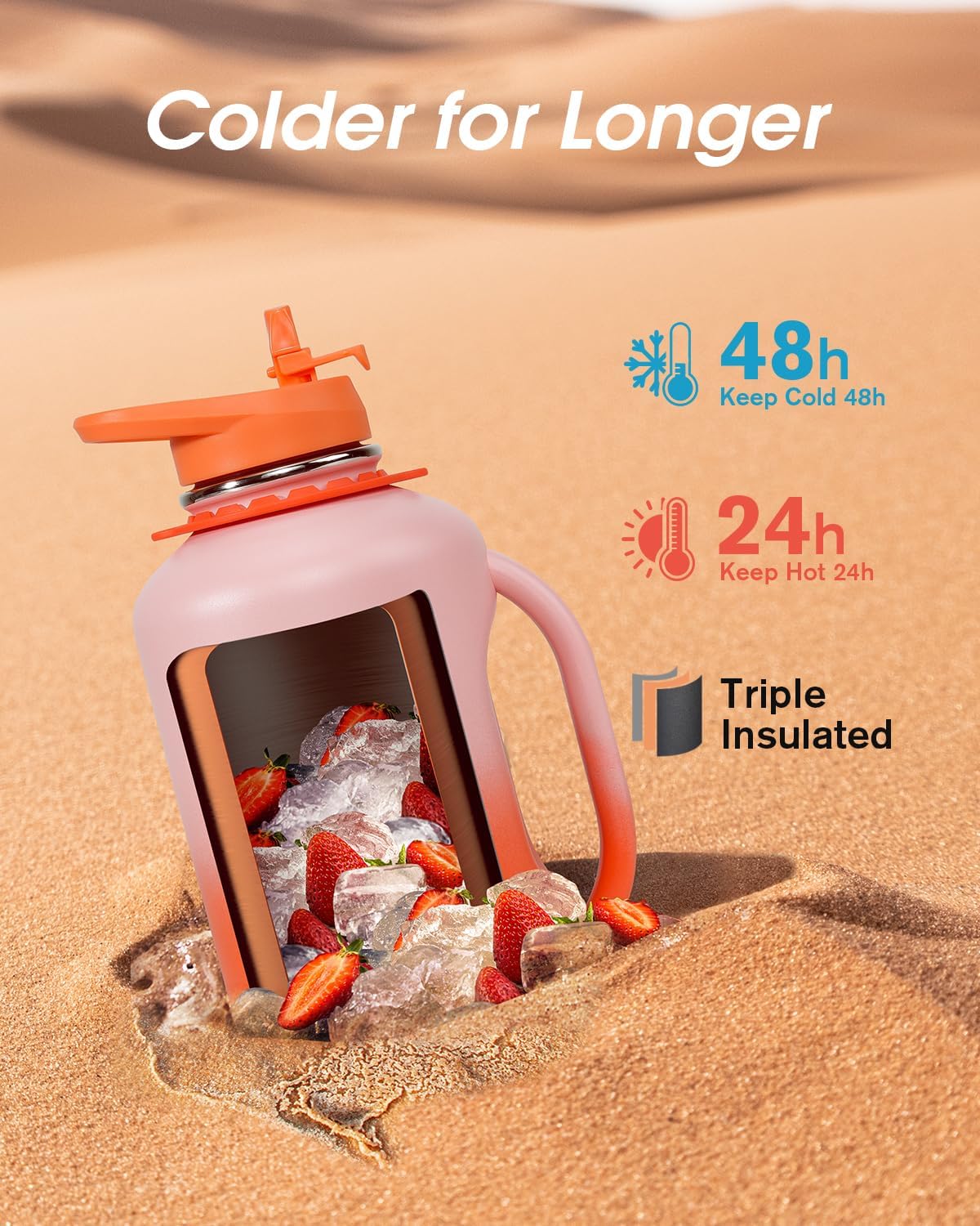 Coolflask 64oz Insulated Water Bottle, Half Gallon Water Jug With Handle Straw Stainless Steel Double-Walled Vacuum Metal Large Flask With Strap Bpa-Free Leakproof, Keep Cold 48 Hrs, Sunny Orange - Image 3