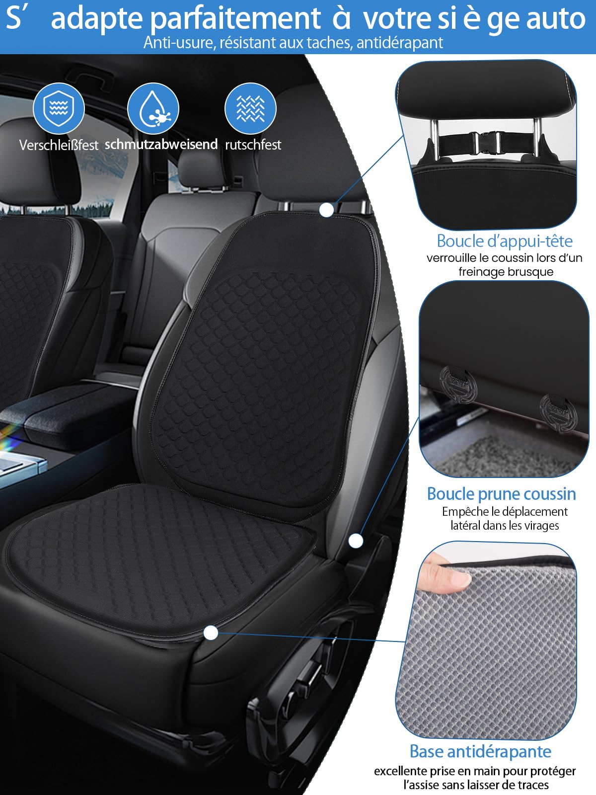 Jisejima Coussin de siège en gel respirant pour voiture, housse de protection pour siège avant avec fond antidérapant pour chaise automobile, fauteuil roulant, chariot de golf, conducteurs, bureau