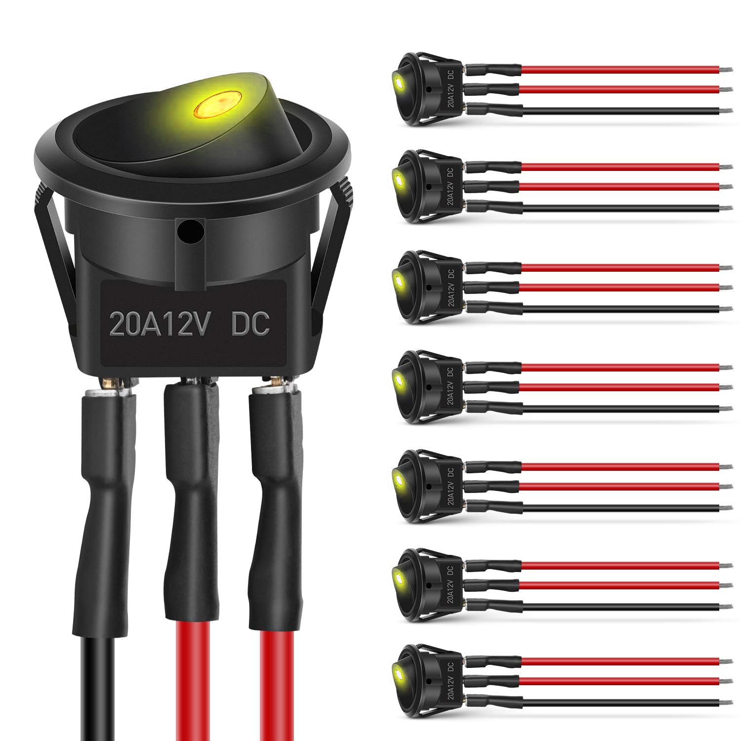 Nilight 8PCS Round Rocker Switches 12V 24V 20A Yellow with 16AWG Wires
