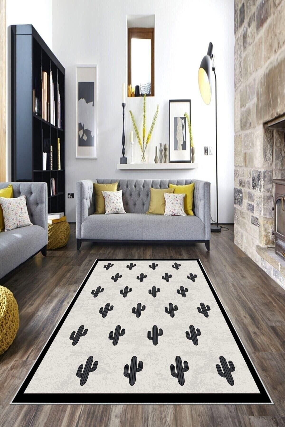 Pelangi Bej Kaktüs Desenli Yıkanabilir Kaymaz Taban Leke Tutmaz Modern Salon Halısı Ve Yolluk, Açık Gri-Antrasit 80 x 600, 13582188060005