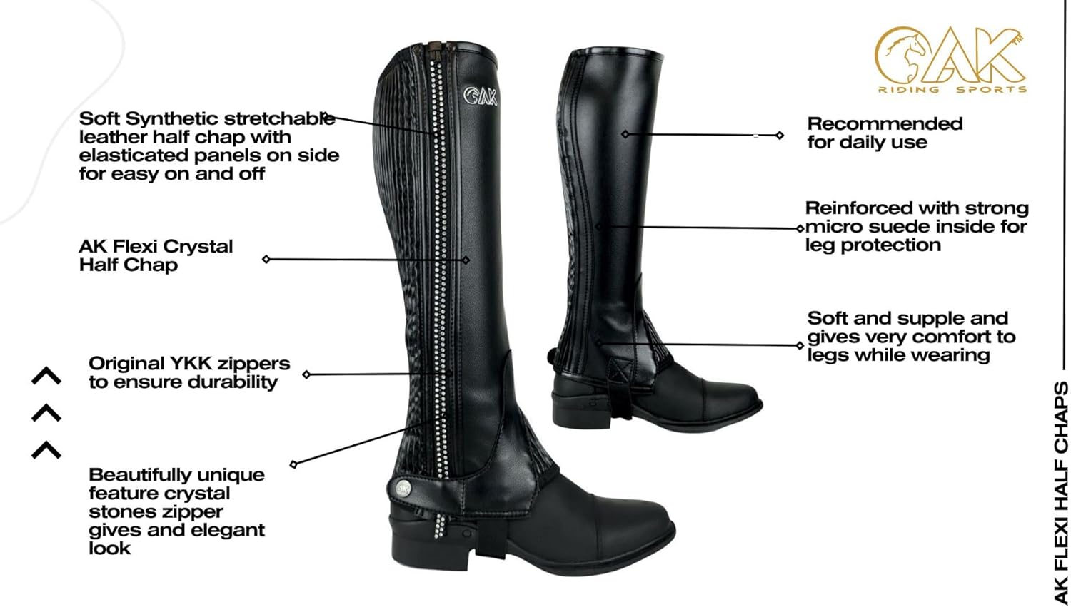 AK New ユニ 乗馬 フレキシ クリスタル 乗馬 ハーフチャップス AKRS-1976 (ブラック/シルバー、2XL)