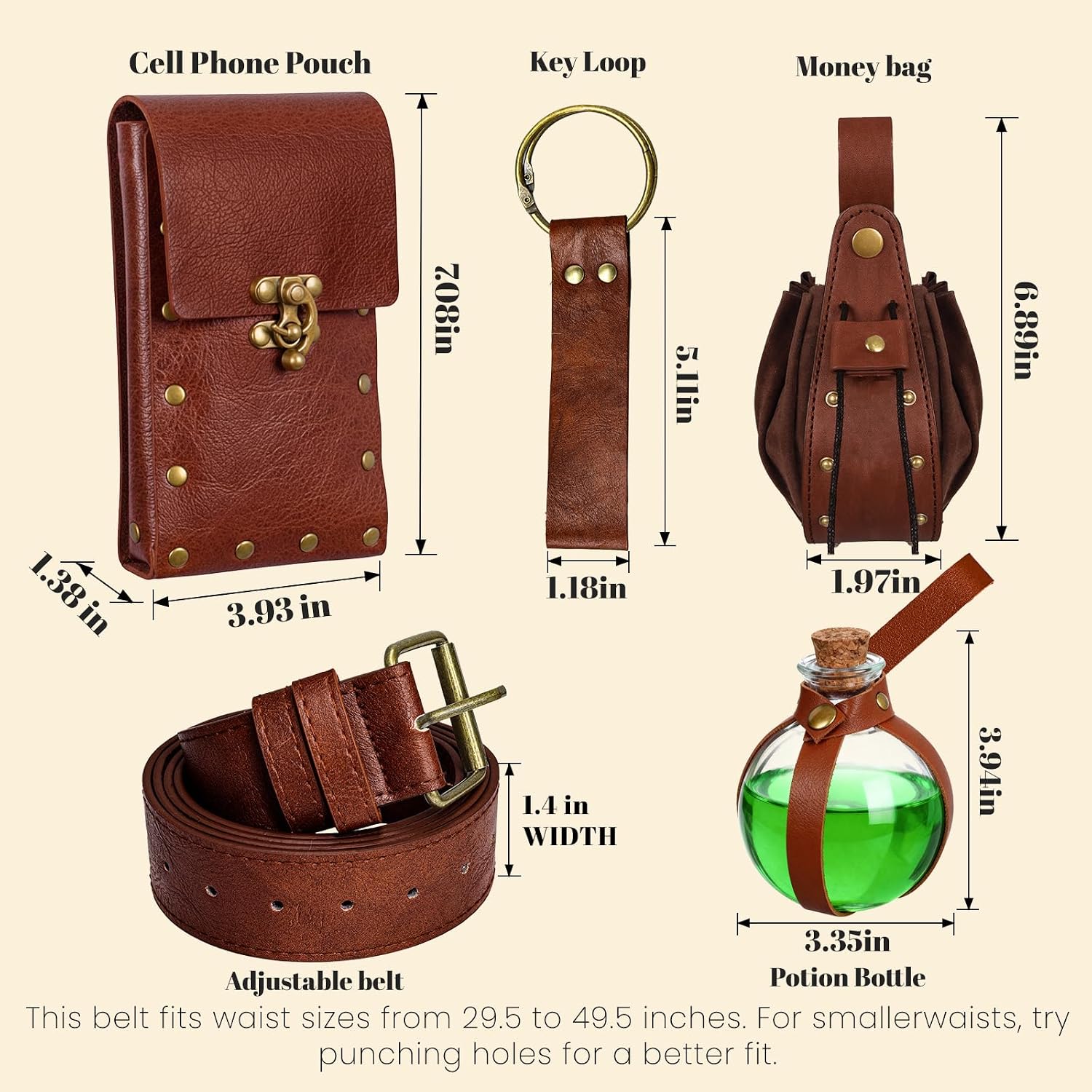 Renaissance Belt Pouch Medieval Viking Pirate Leather Bag Potion Bottle Set Skirt Hike Halloween Cosplay Costume Accessorie (Bottle 2Pouch-Brown, Belt Pouch)
