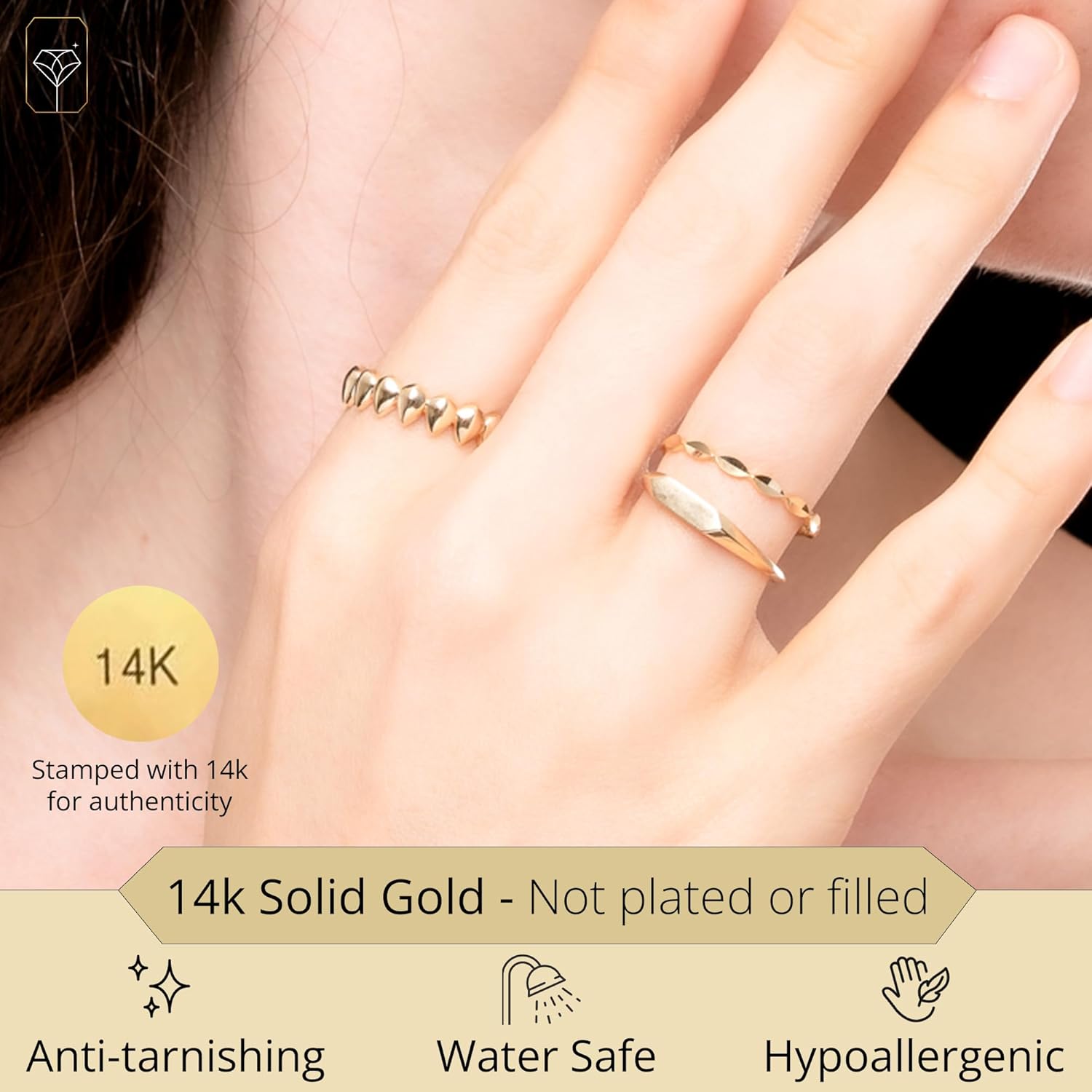 MAX + STONE Thin Solid 14K Gold Ring with Diamond Cut | Comfortable and Stackable 14k Gold Band Rings for Women | Hypoallergenic 14K Solid Gold Ring in Sizes 6 to 8