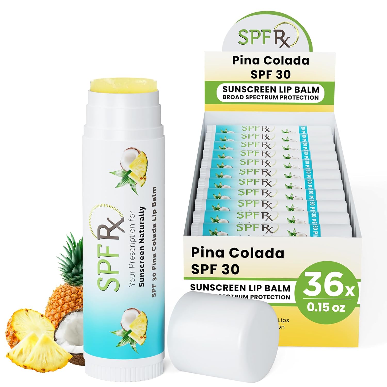 SPF Rx, SPF 30 Pina Colada Sunscreen Lip Balm Broad Spectrum Protection, Rapid Relief for Dry Chapped Lips, Superior Protection Against UVA & UVB Rays - 0.15 oz, (36 Pack)