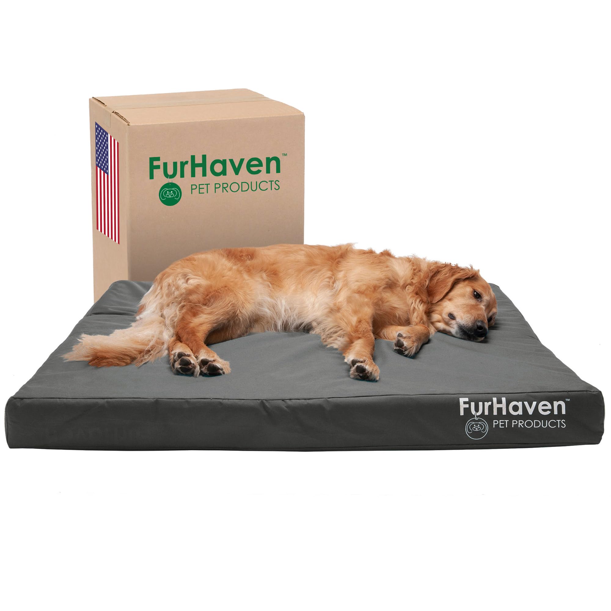 Furhaven Water-Resistant Memory Foam Dog Bed for Large Dogs w/ Removable Washable Cover, For Dogs Up to 95 lbs - Indoor/Outdoor Logo Print Oxford Polycanvas Mattress - Stone Gray, Jumbo/XL