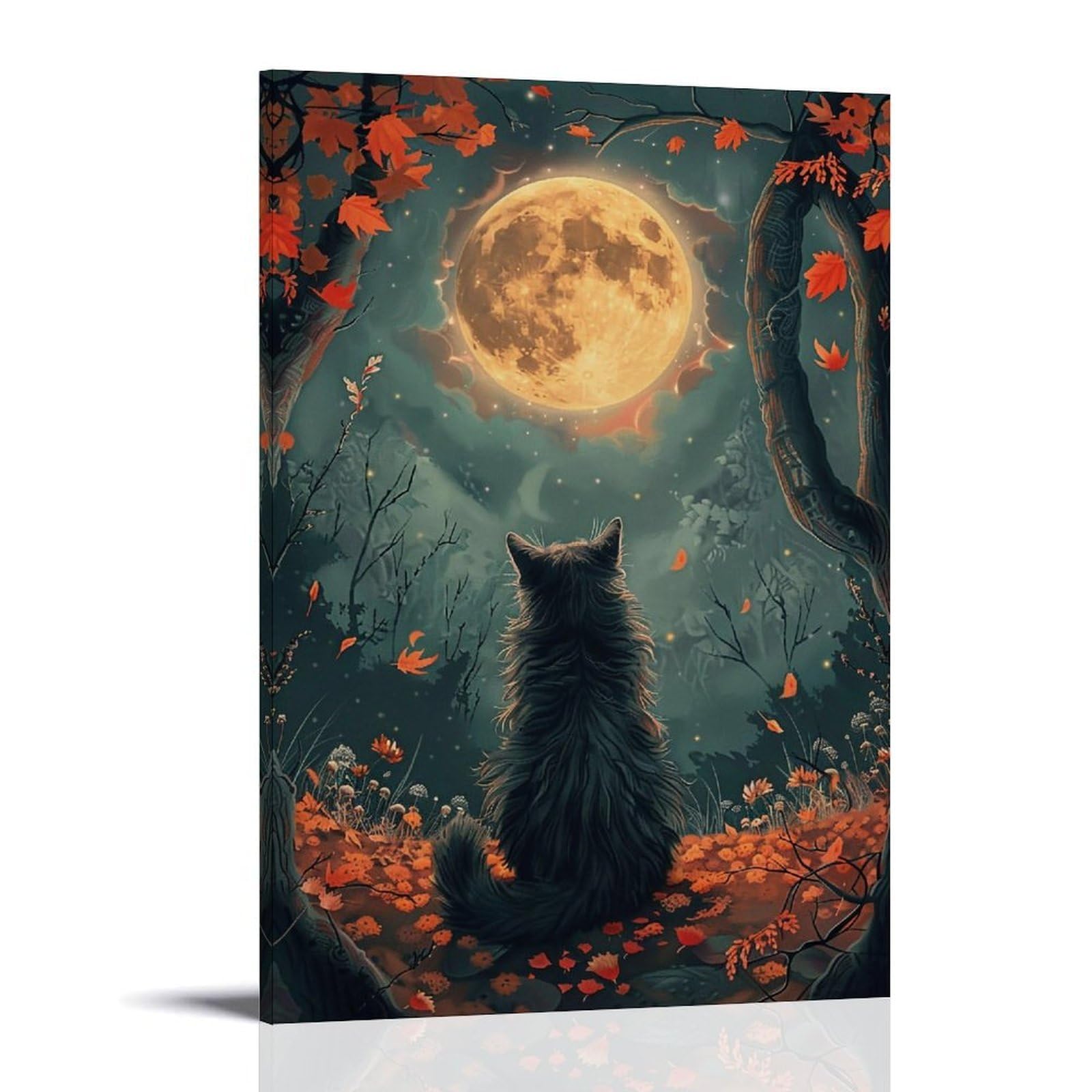 HUERYRYHY Black Cat Under Orange Full Moon 02 Poster Wall Art Canvas Vintage Aesthetic Painting Decor for Rooms 24x36inch Frame-style