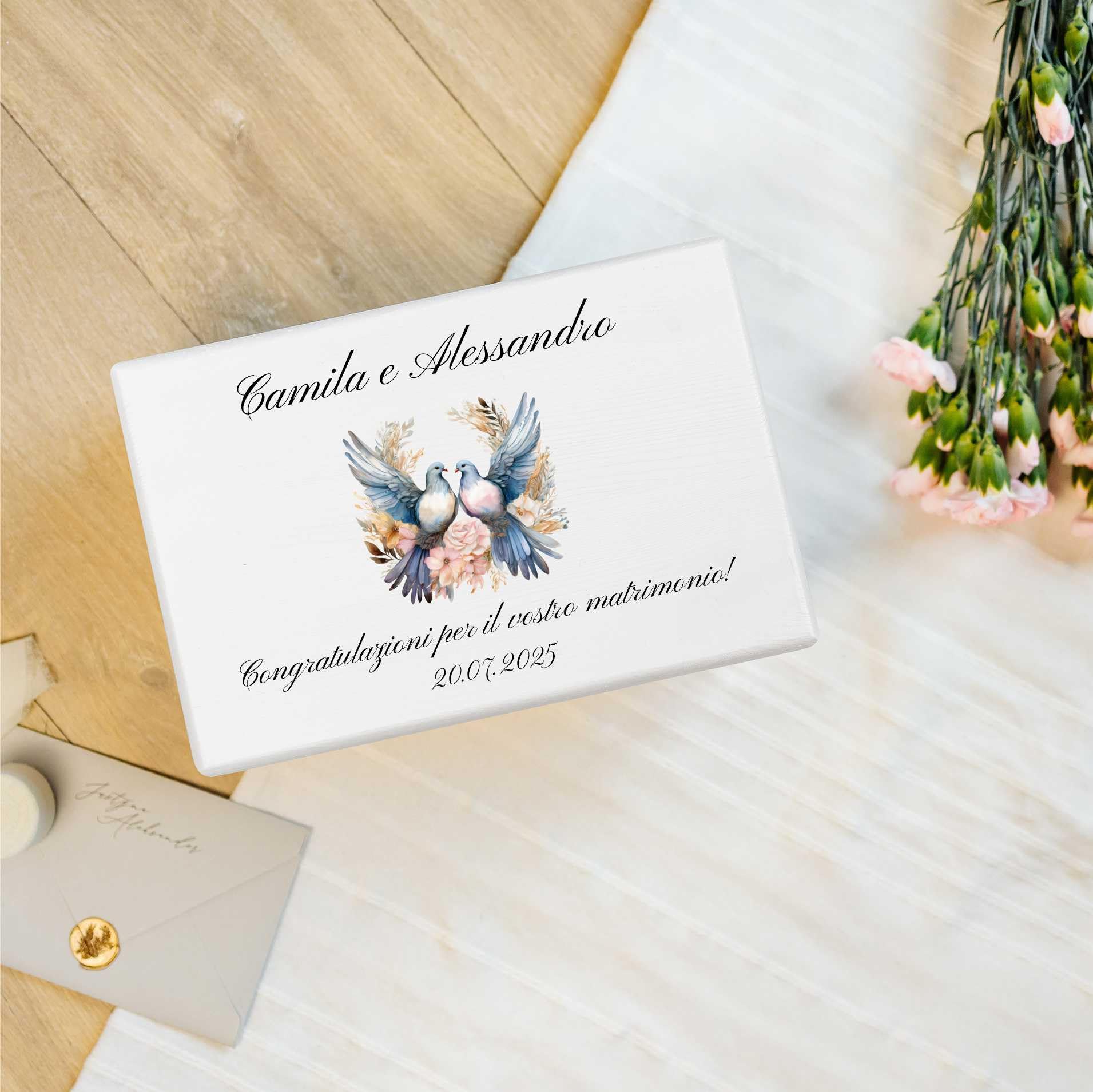 Creative Deco Scatola Ricordo Matrimonio Personalizzata, Colombe Blu | Bianca, in legno, incisione personalizzata, stampa a colori, scatola regalo per nozze