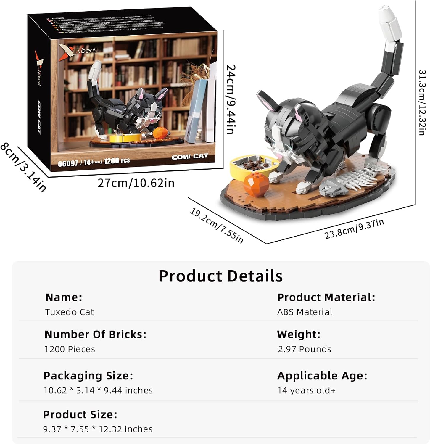 Xbert 1200PCS Tuxedo Cat Building Block Sets, Playable Cats with Fish Bone,Cat Food, Ball Toy, Animal Figurines Home Desk Decor for Adult&Teen, Gifts for Cats Lovers