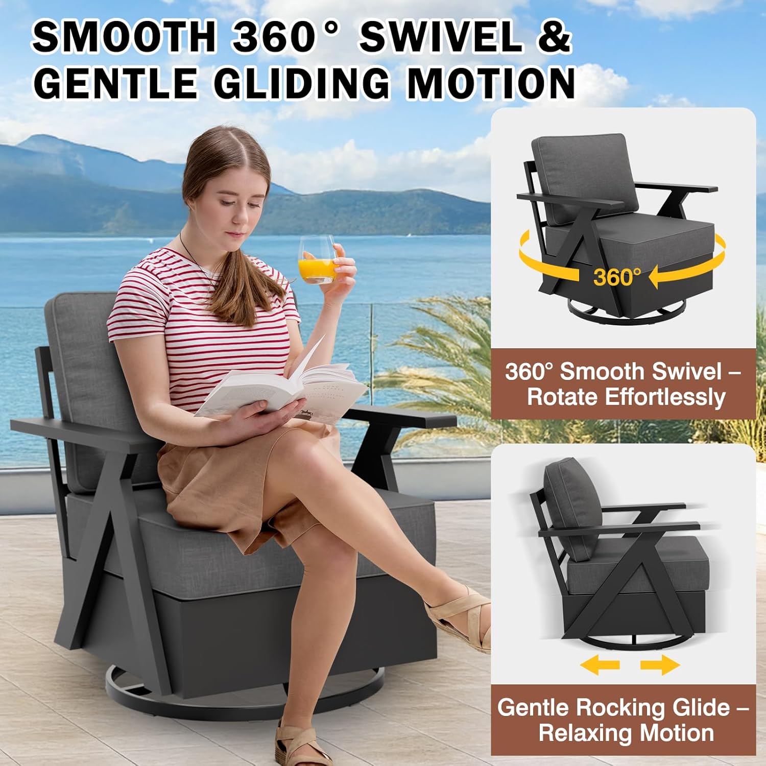 EAGLE PEAK Urban Slate Modern Swivel Rocker Patio Chair Set of 2 Outdoor Lounge Chairs, Weather Resistant Cushions Rust Resistant Frame for Backyard Deck Porch, Black/Gray