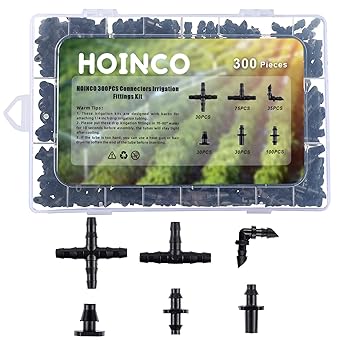 300PCS Irrigation Fittings Kit,HOINCO Drip Irrigation Barbed Connectors for 1/4 Inch Tube, for Flower Pot Garden Lawn