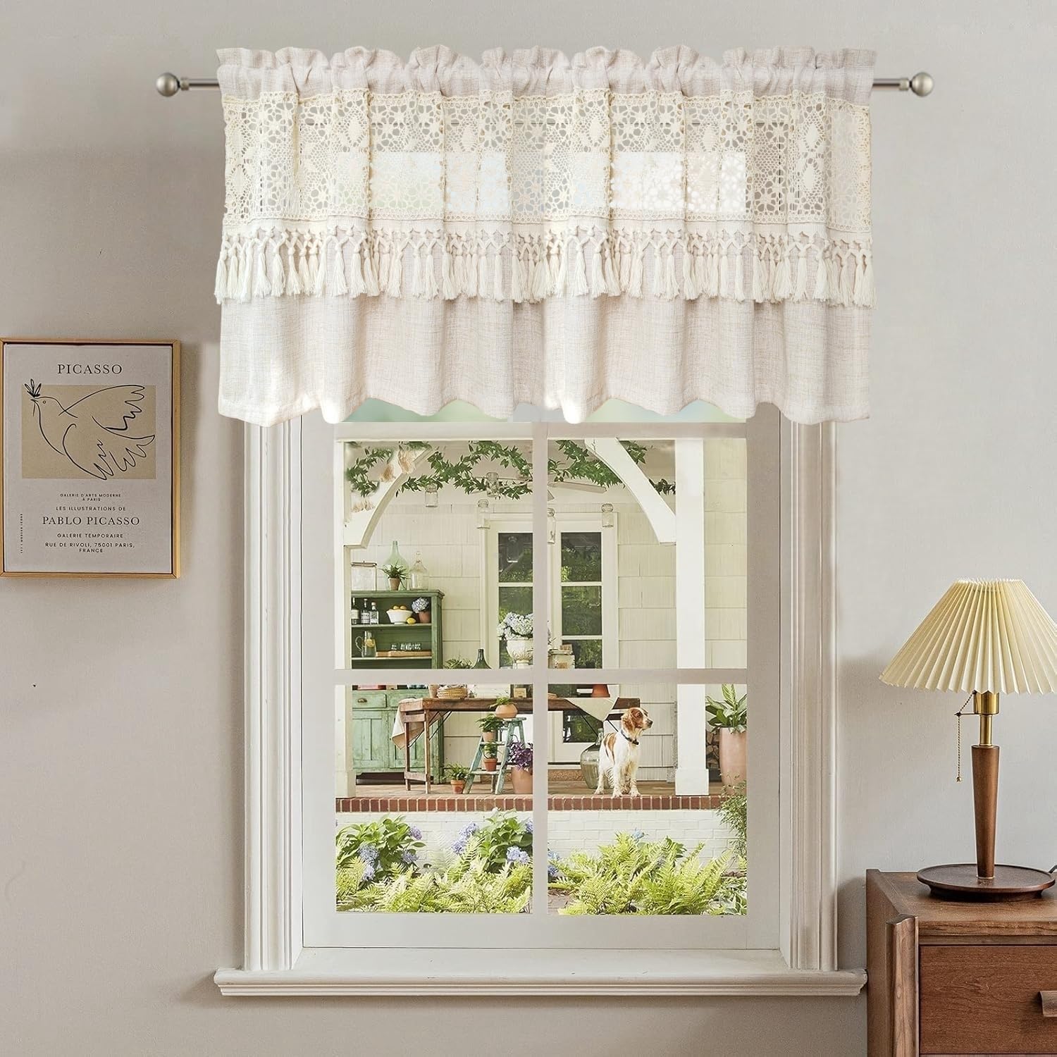 Beige Hollow Crochet Curtain Valance 2 Panels 59'' W x 20" - Splice Cotton Tassel Kitchen Curtain Short Farmhouse Curtain Window Treatment Tiers Rod Pocket Valances for Basement Bathroom Living Room