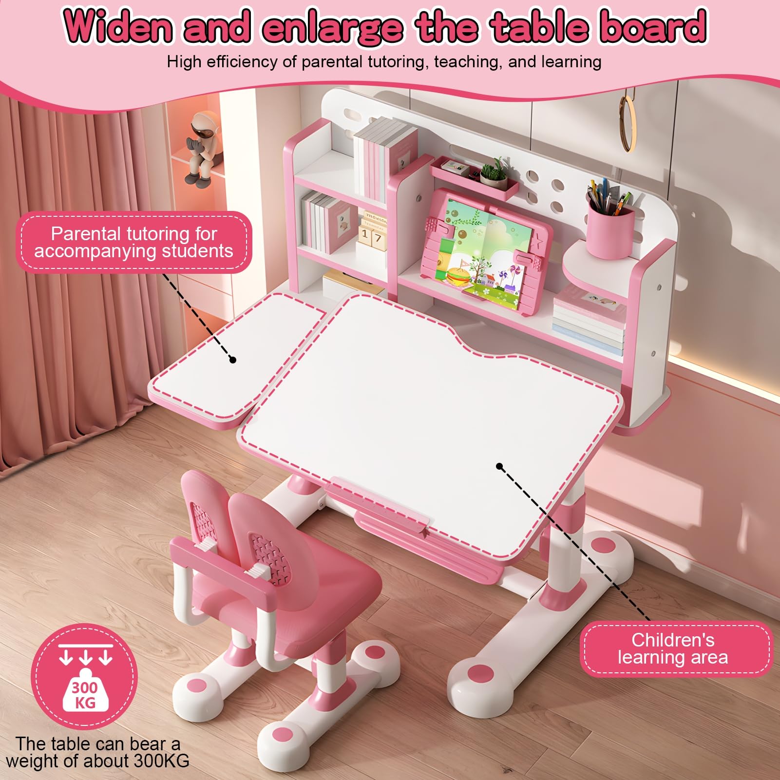 Juego de escritorio y silla de estudio para niños, altura ajustable, silla de mesa de estudio para niños, escritorio escolar con mesa ampliada inclinable, cajones de almacenamiento grandes, estantería