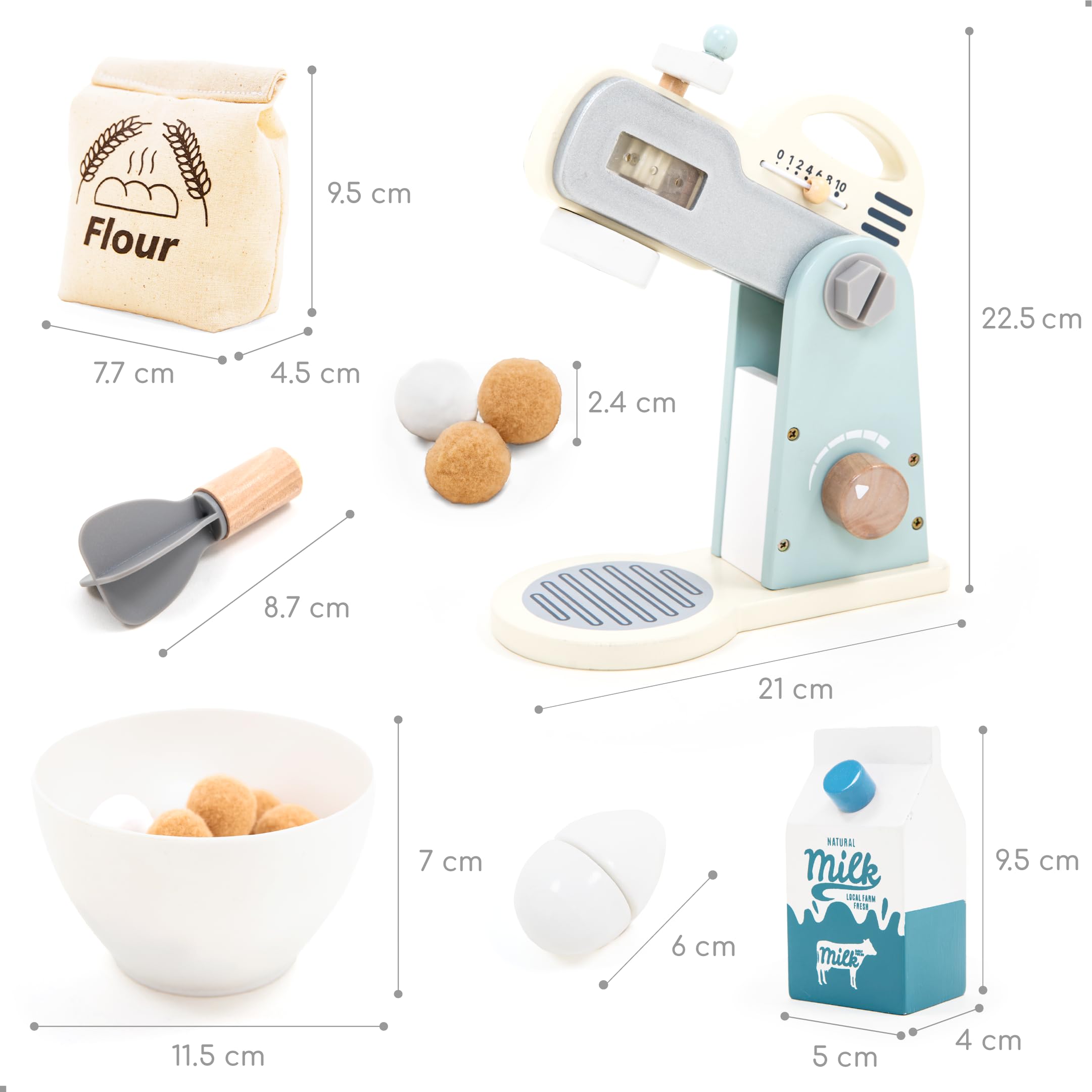UMU® Mixer Kit de jeu en bois avec bol mélangeur, fouet, ingrédients et plus encore, ensemble de mixeur de cuisine pour enfants, 10 pièces, accessoires de cuisine pour petits chefs à partir de 3, 4, 5