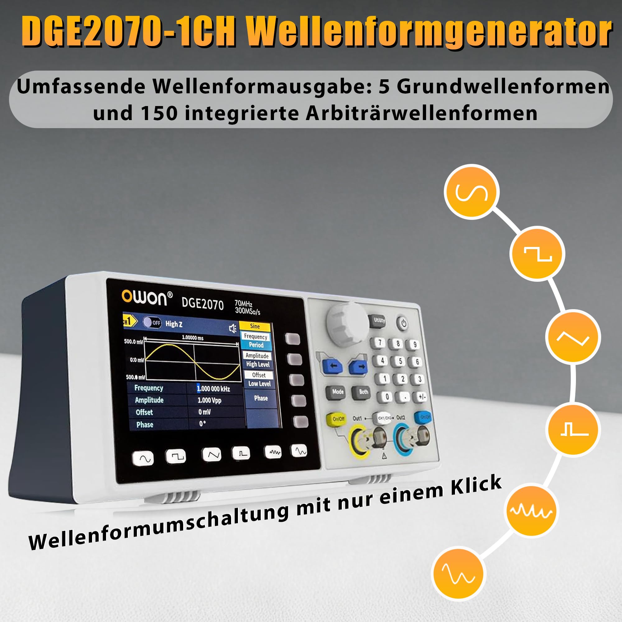 OWON DGE2070 2-Kanal-Funktionsgenerator für Mess-, Test- und Entwicklungsaufgaben, 70 MHz, 300 MSa/s, 14 Bit, SCPI und PC-Steuerung