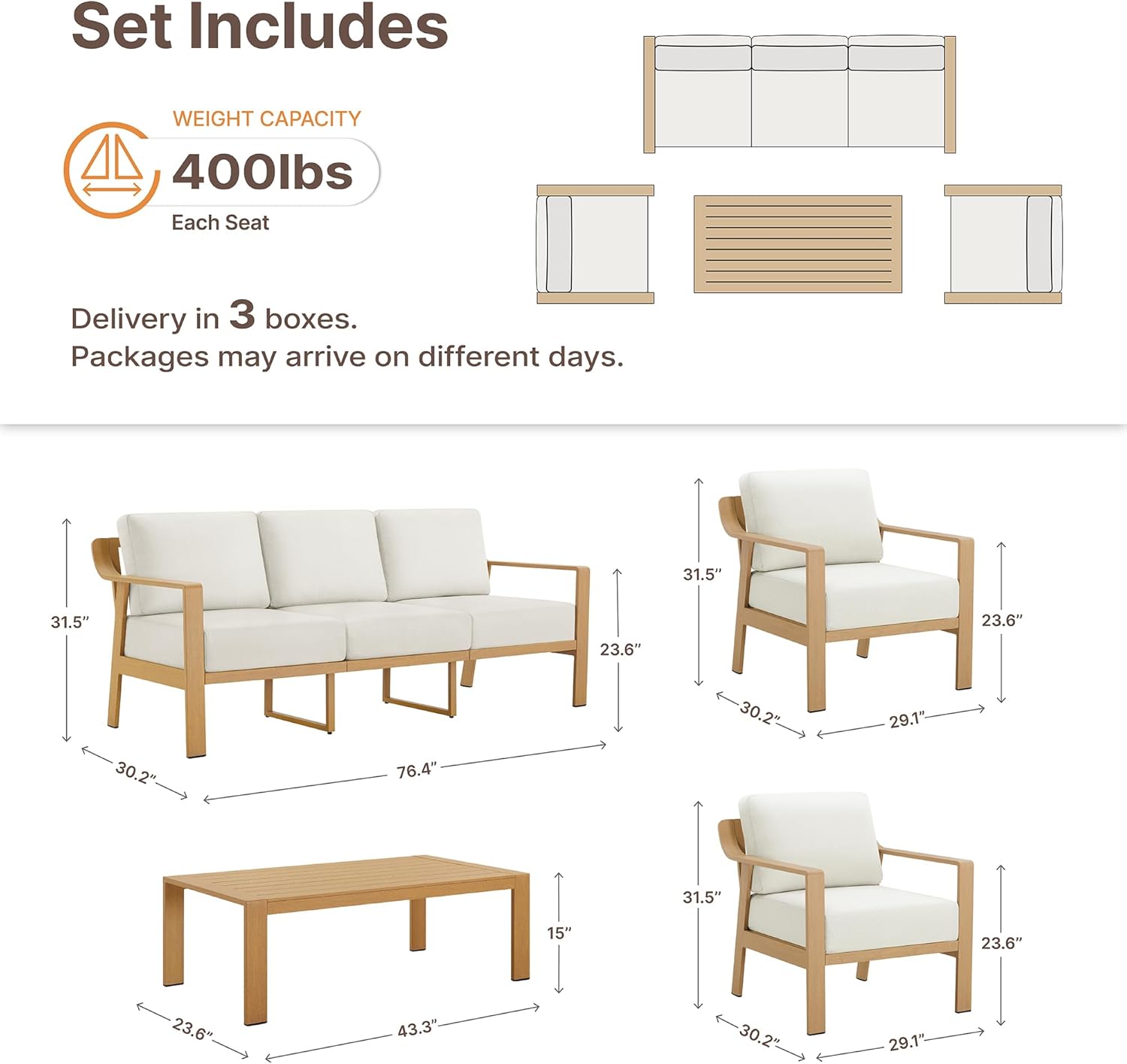 KISLOT Aluminum Outdoor Patio Furniture Set with Coffee Table,5 Seater Patio Conversation Sets with Washable Thick Cushions,Outdoor Sectional Furniture Set for Poolside, Balcony,Wood-Grain Frame